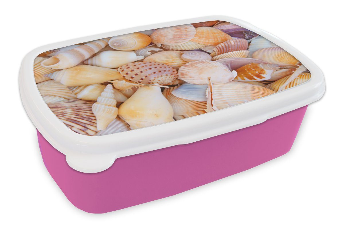 MuchoWow Lunchbox Muscheln - Strand - Sommer - Orange, Kunststoff, (2-tlg), Brotbox für Erwachsene, Brotdose Kinder, Snackbox, Mädchen, Kunststoff rosa