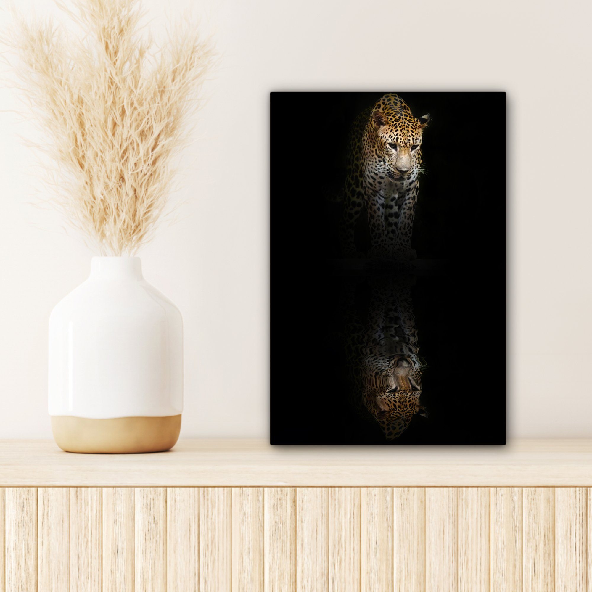 inkl. Reflexion St), 20x30 Schwarz, Leopard bespannt OneMillionCanvasses® - Gemälde, (1 Leinwandbild Zackenaufhänger, Leinwandbild - fertig cm