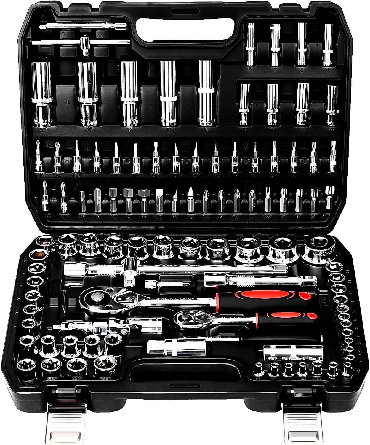 TLGREEN Steckschlüssel 108-teilig Werkzeugkoffer,Cr-V Ratschenschlüssel Set, (Ratschenkasten Knarrenkasten mit 1/4" und 1/2",72 Zähne Umschaltknarre Sechskant Steckschlüsseleinsatz)