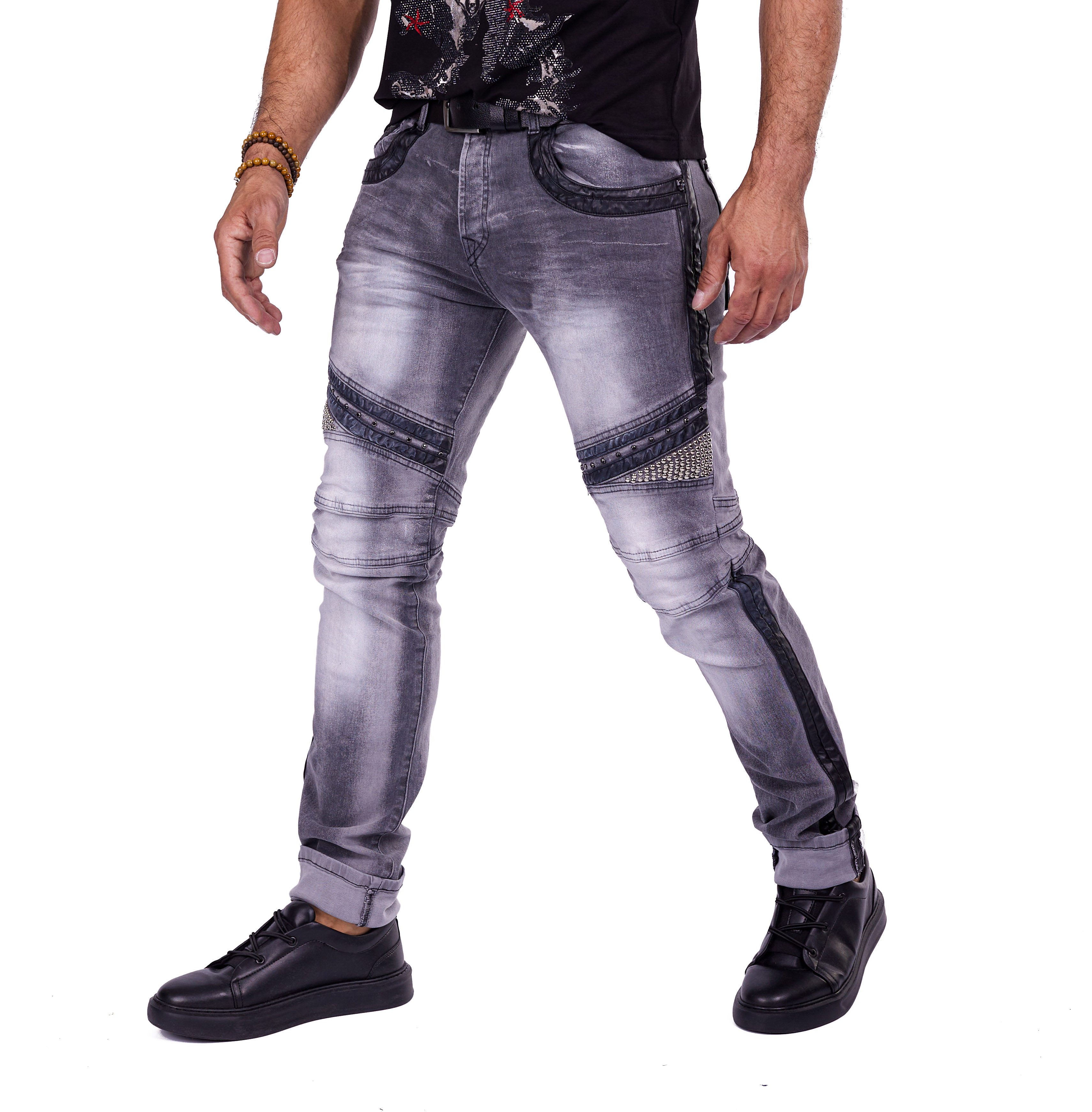 KINGZ Regular-fit-Jeans Herren Biker Designer Jeans von KINGZ Grau W31/L34