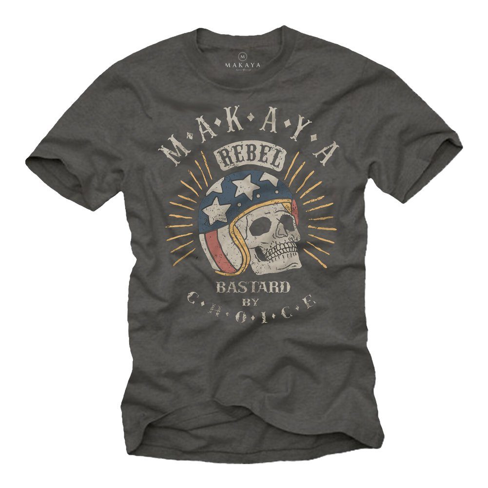MAKAYA Print-Shirt Sprüche Lustige Motorrad Baumwolle Druck, Coole mit Helm Skull Grau aus Totenkopf Biker Bekleidung
