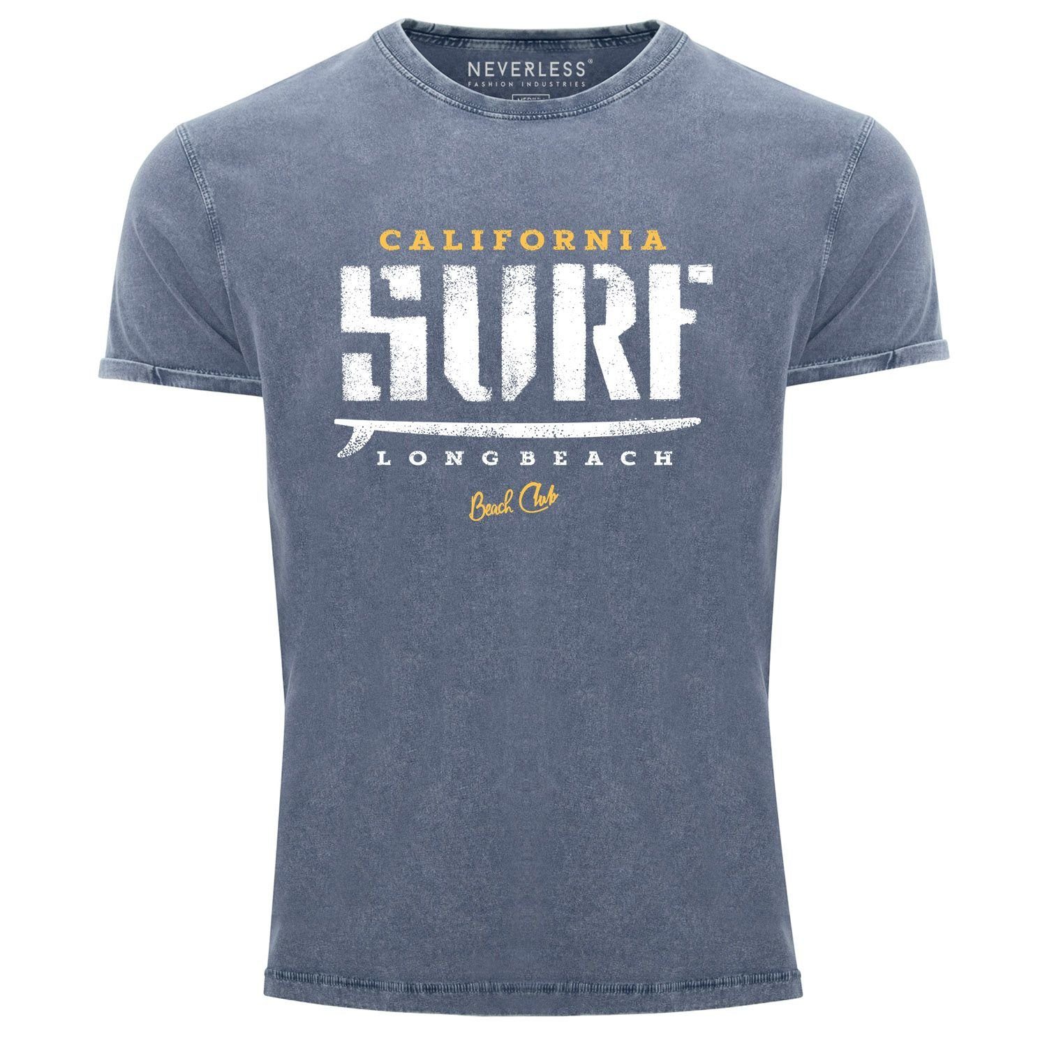 Neverless Print-Shirt Cooles Angesagtes Herren T-Shirt Vintage Shirt California Surf Aufdruck Used Look Slim Fit Neverless® mit Print blau