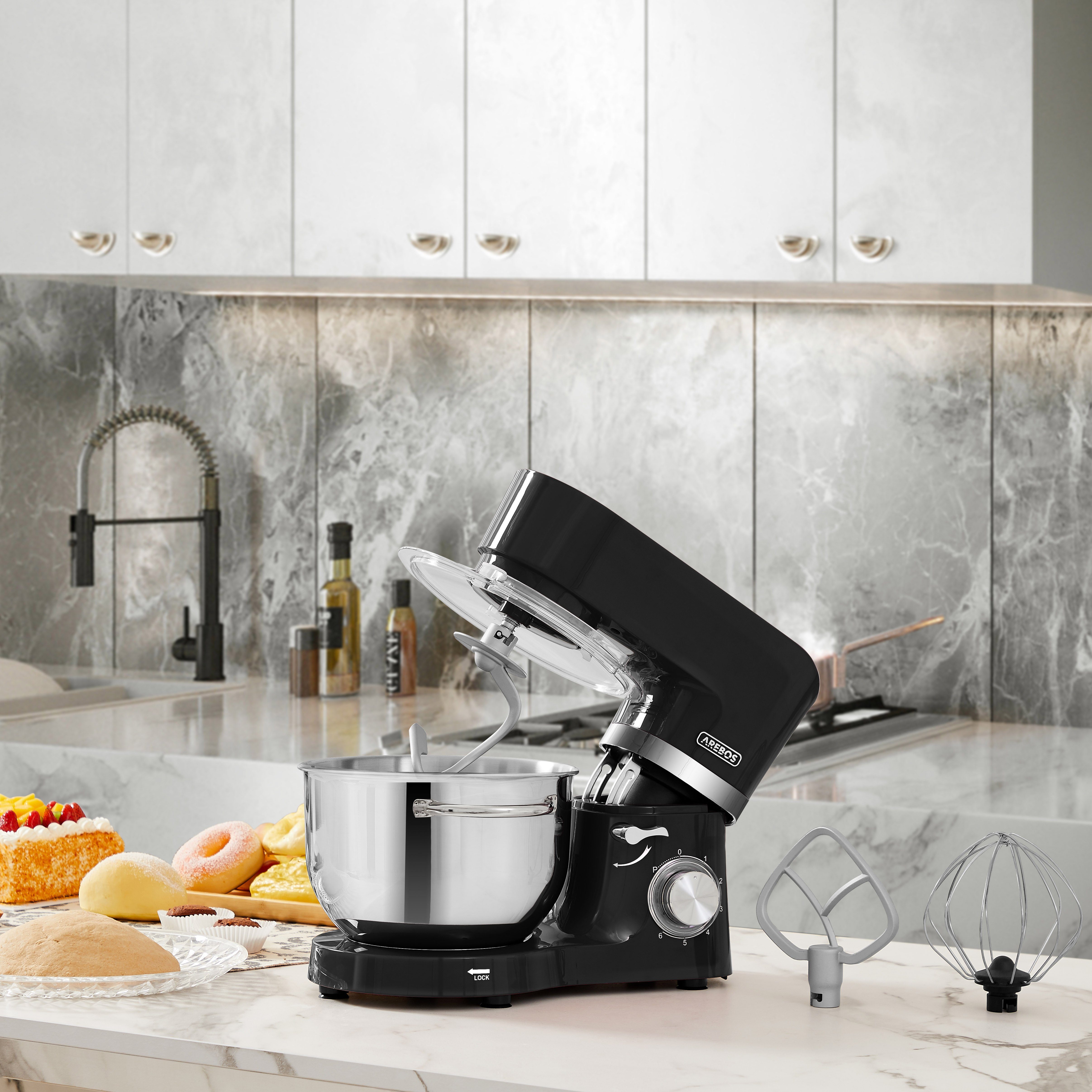 Arebos Küchenmaschine mit 2x Edelstahl-Rührschüsseln 4,5 & 5,5L, 1500 W, 5,50 l Schüssel, Küchenmixer mit Rührhaken, Knethaken, Schlagbesen und Spritzschutz