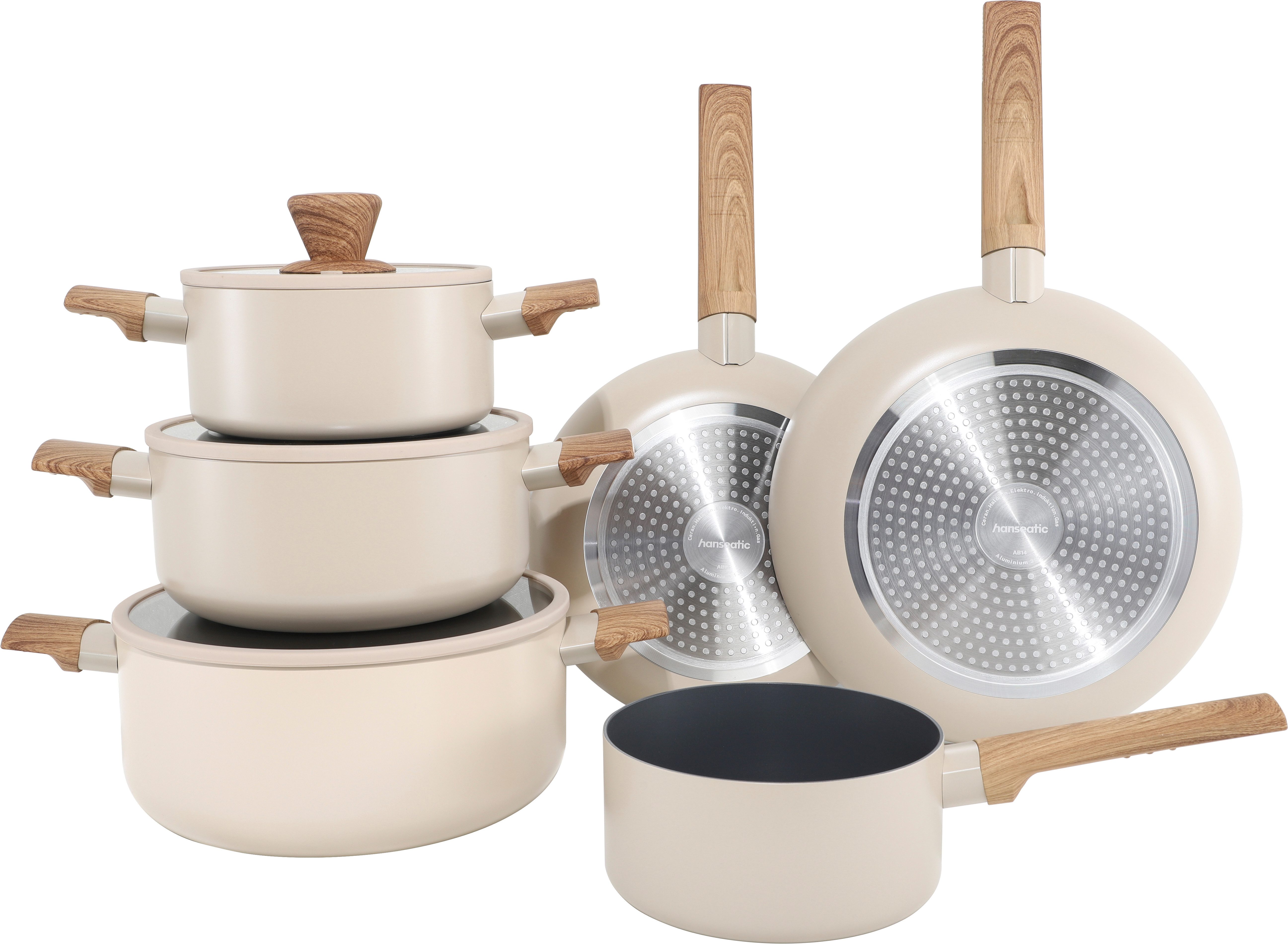 Hanseatic Topf-Set ALU SCANDI, mit Antihaftbeschichtung, Aluminium (Set, 9-tlg., Stielkasserolle 16 cm, Kochtopf 16/20/24 cm, Bratpfanne 24/28 cm), für alle Herdarten geeignet