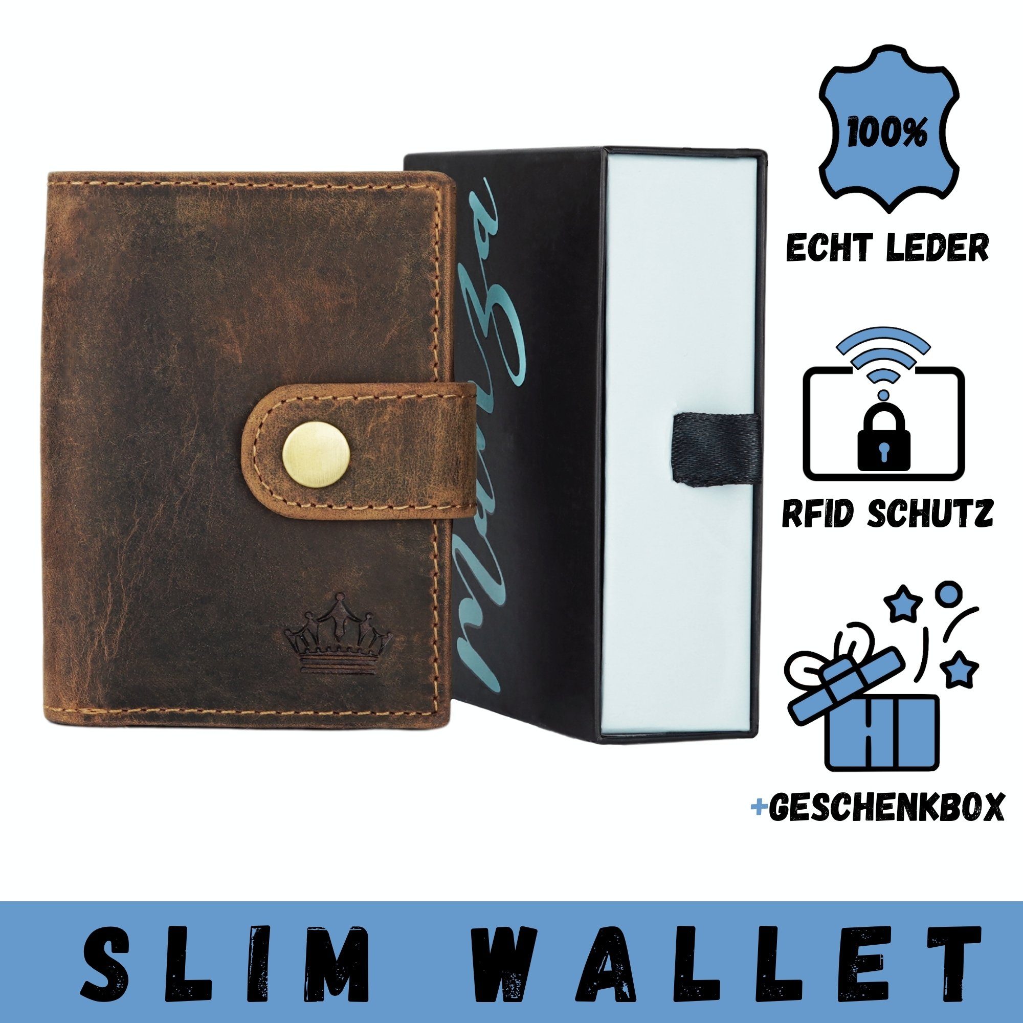 Manza Mini Geldbörse Slim Wallet Geldbörse mit Münzfach, RFID-Schutz und Geschenkbox, Kartenhalter, Münzfach mit Reißverschluss, RFID Blocker, Geschenkbox