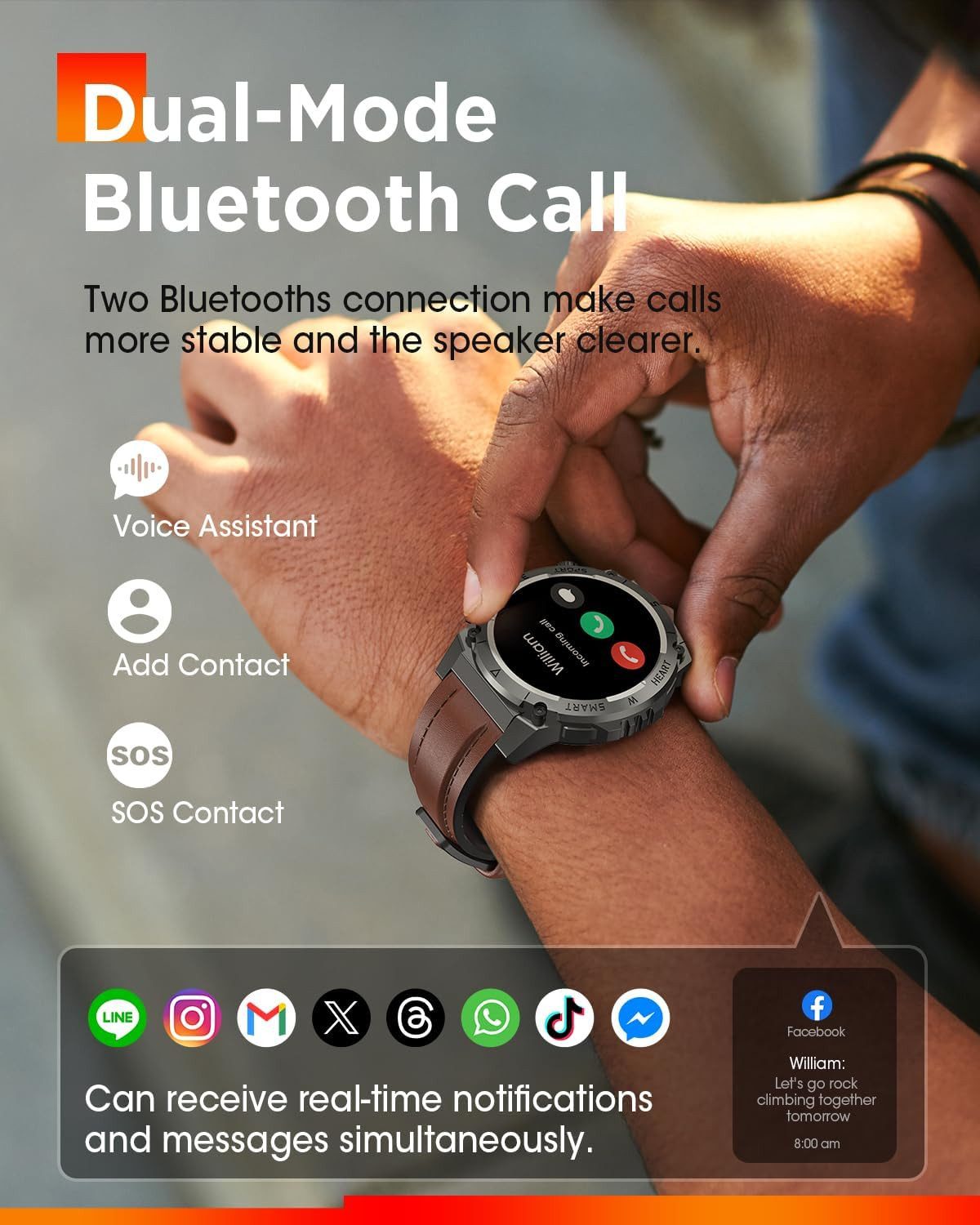 NAIXUES Herren's Telefonfunktion 500mAh Akku Militär IP68 Wasserdicht Smartwatch (1,46 Zoll, Android/iOS), mit Herzfrequenz/SpO2/Schlafmonitor, 110 Sportmodi 2 Armbänders