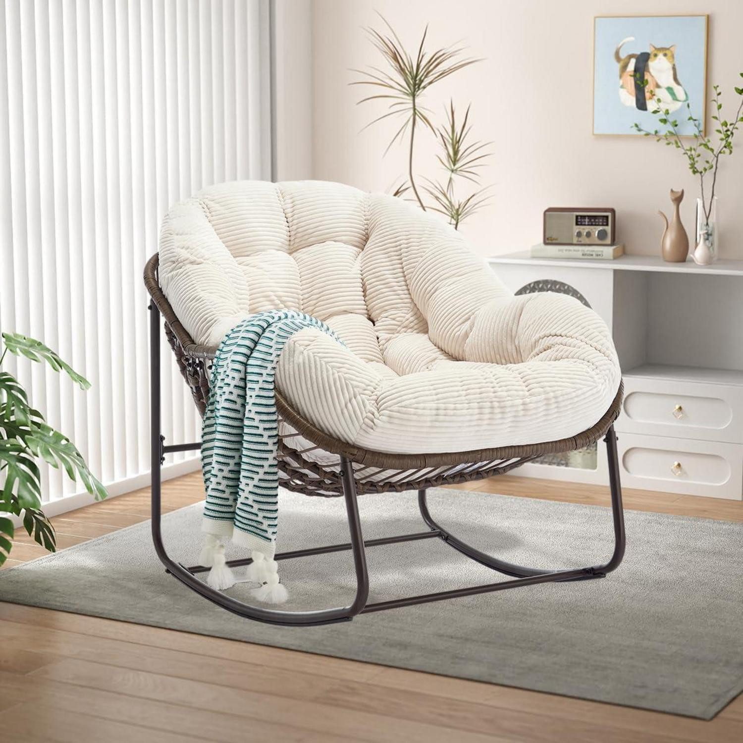 LuxusKollektion Schaukelsessel Schaukelstuhl Schaukelsessel Rattan Weiß - Cord Eiförmig - 95x111x80cm