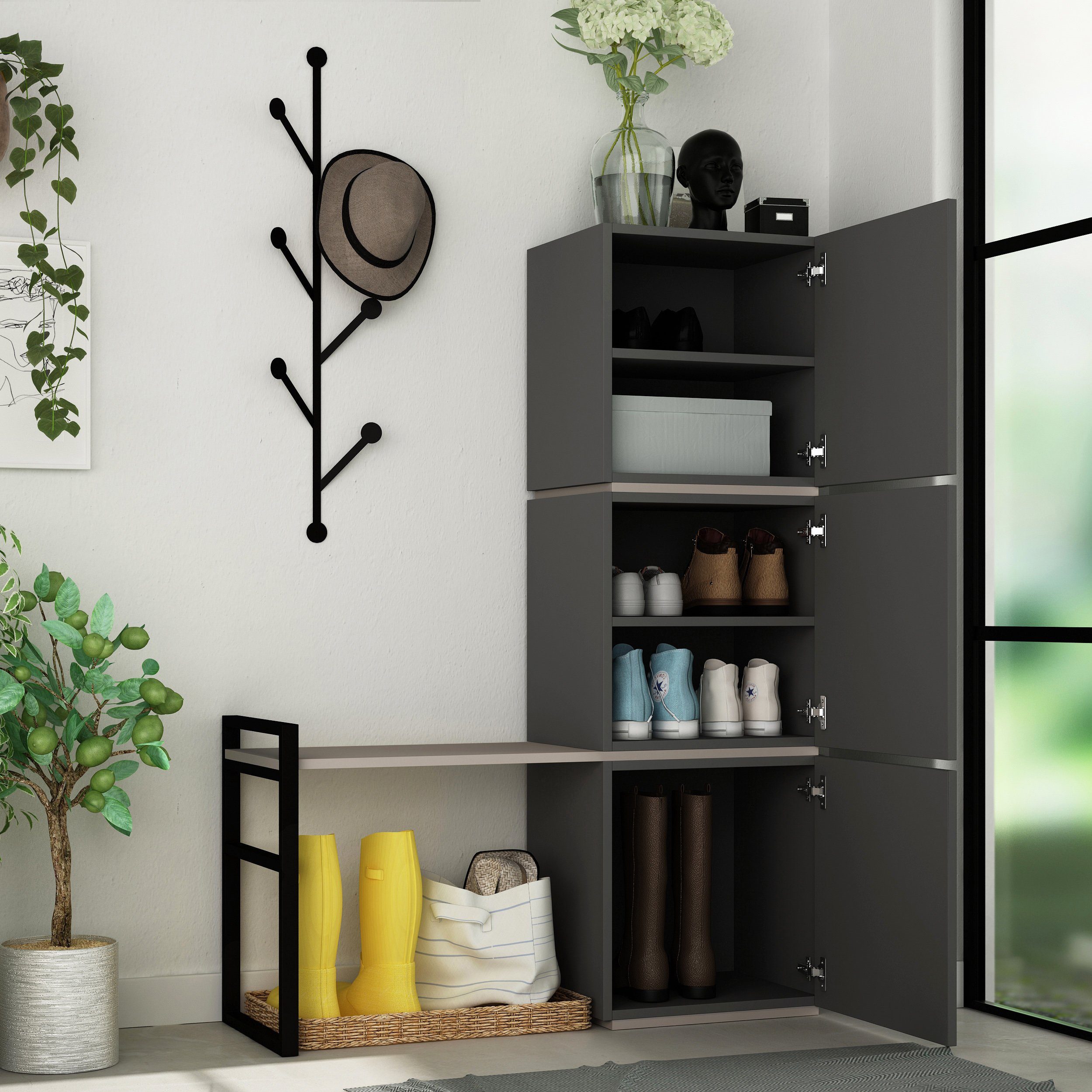 Decortie Schuhschrank Mello Schuhschrank mit Wandgarderobe,Dielenständer, 109 x 39 x 149 cm
