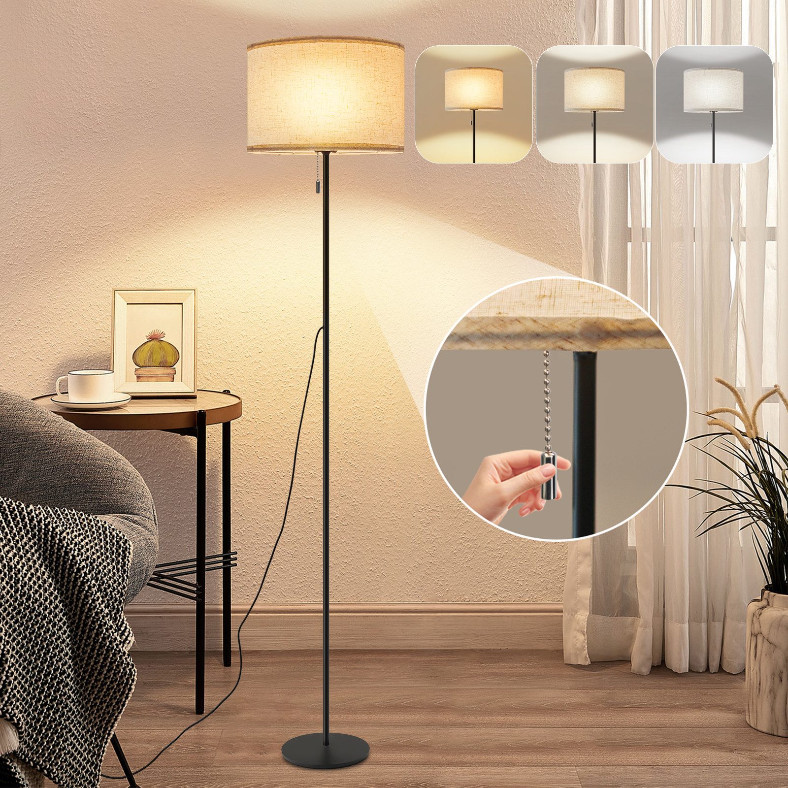Nettlife LED Stehlampe Vintage Lampenschirm Dimmbar Wohnzimmer Beige mit Seilzugschalter, mit Seilzugschalter, LED fest integriert, Farbwechsler, Retro Leselampe für Schlafzimmer Esszimmer Büro