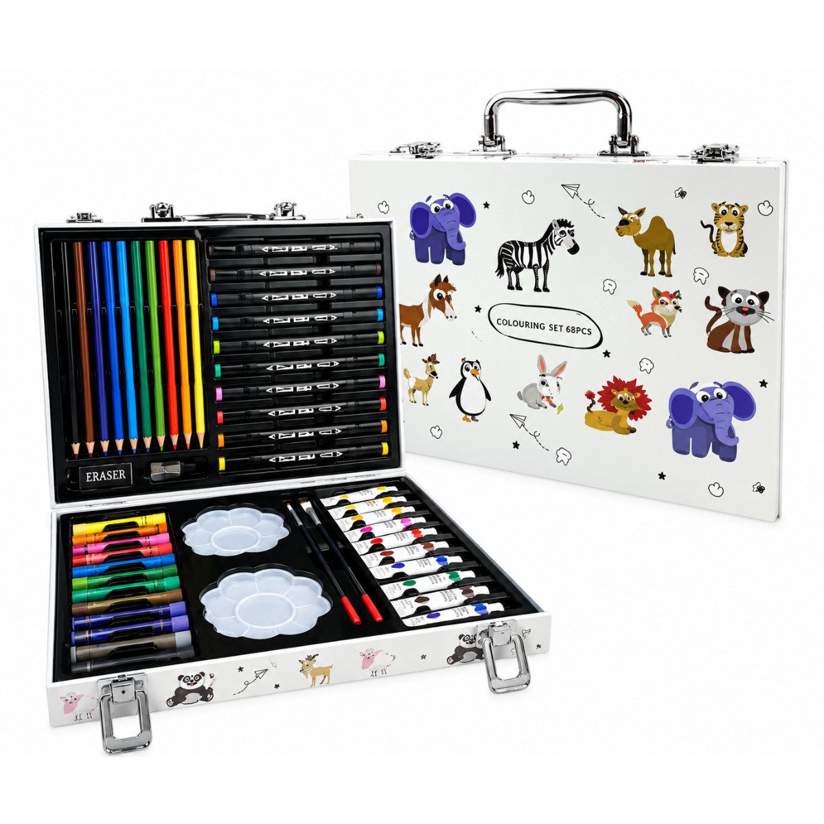 R2 Invest Kreativset Malset Kinder 68-teilig Malkoffer mit Stiften Farben und Zubehör, (68-tlg)