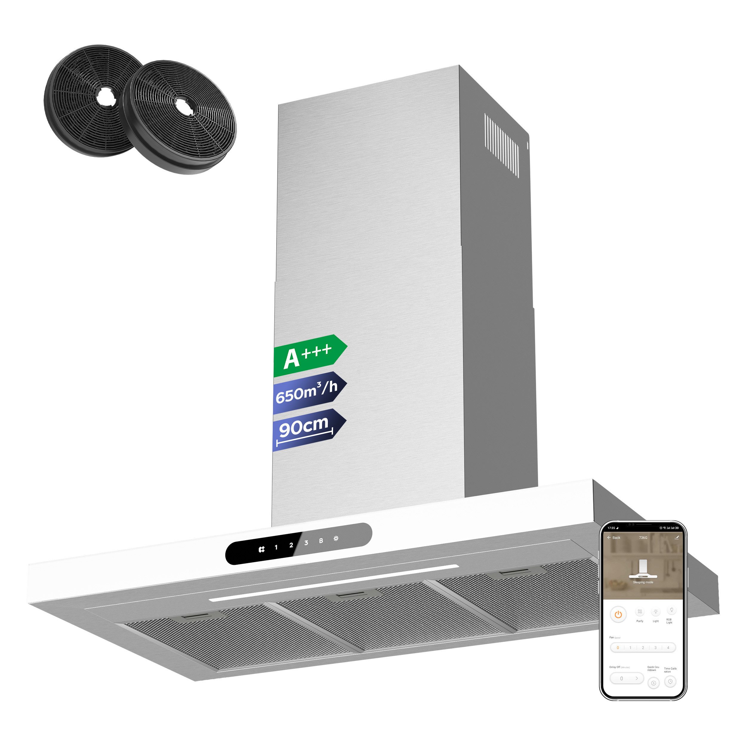 CIARRA Wandhaube VM9102W Serie CIARRA Dynamic VM9102W, A+++ 650m³/h Dunstabzugshaube 90 cm Abzugshaube App SensorTouch