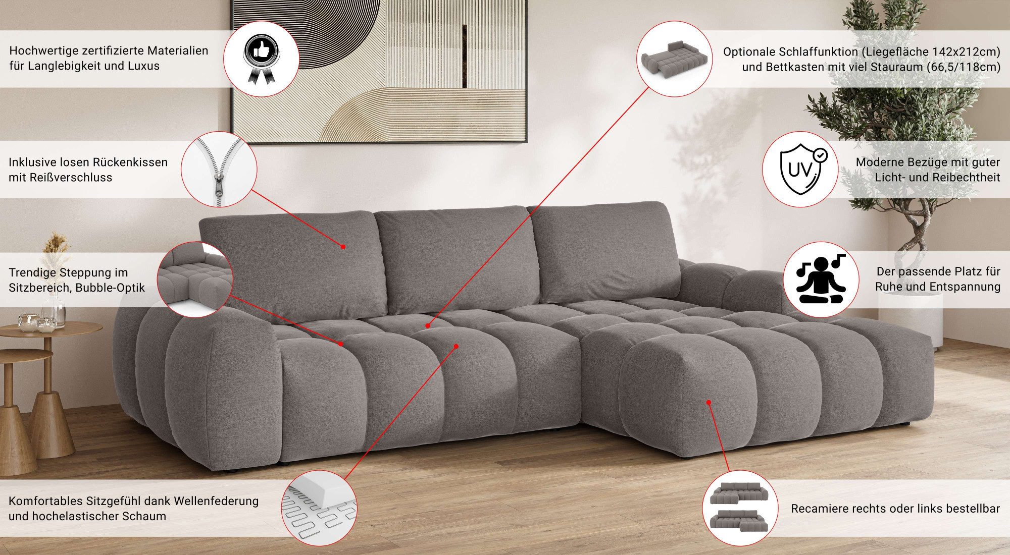 OTTO home Ecksofa AZITA L-Form, 270 cm - OTTO. Verlässliche Qualität., wahlweise als Schlafsofa m. Bettkasten, Bubble-Optik