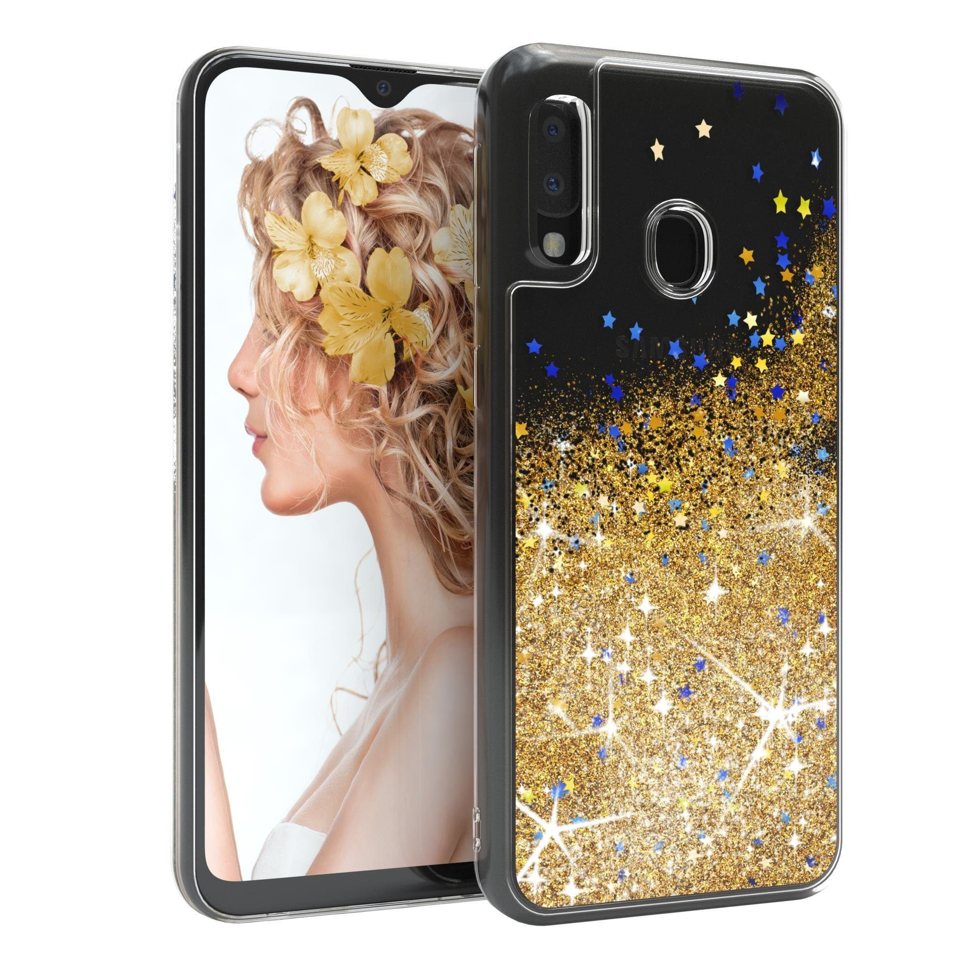 EAZY CASE Handyhülle Liquid Glittery Case für Samsung Galaxy A20e 5,8 Zoll, Durchsichtig Back Case Handy Softcase Silikonhülle Glitzer Cover Gold