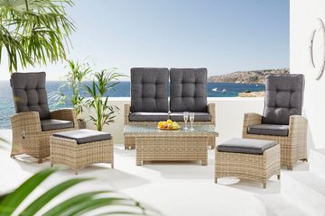 KONIFERA Gartenlounge-Set Monaco, (Set, 16-tlg., 2x Sessel, 1x2er Sofa, 2x Hocker, 1x Tisch 120x70x43,5-66,5 cm), höhenverstellbarer Tisch, inkl. Auflagen, Grau, Aluminium, Polyrattan