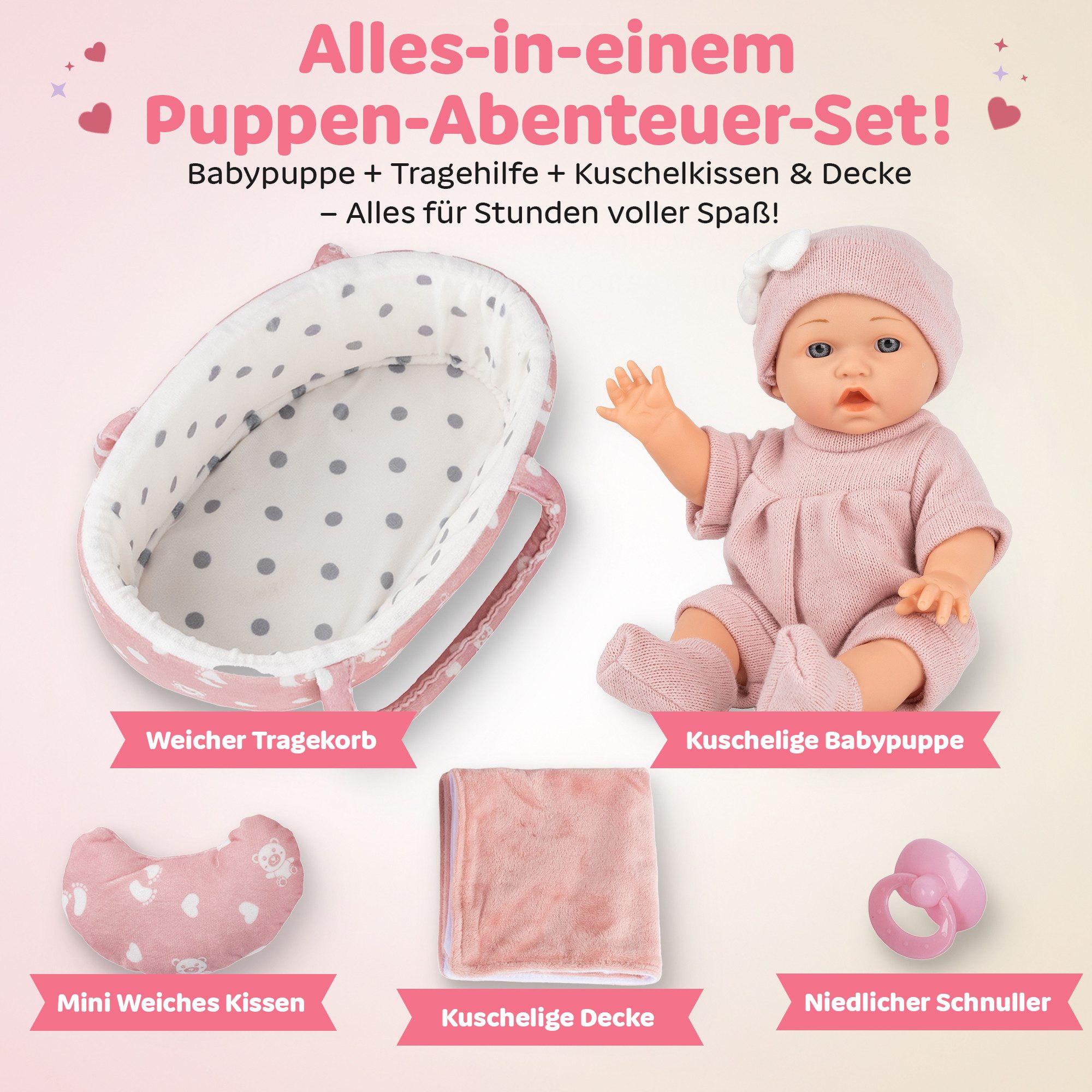 Kinderplay Dolls & Strollers Babypuppe Puppe mit Tragebett – Erste Babypuppe – Spielset für Kinder (Set)