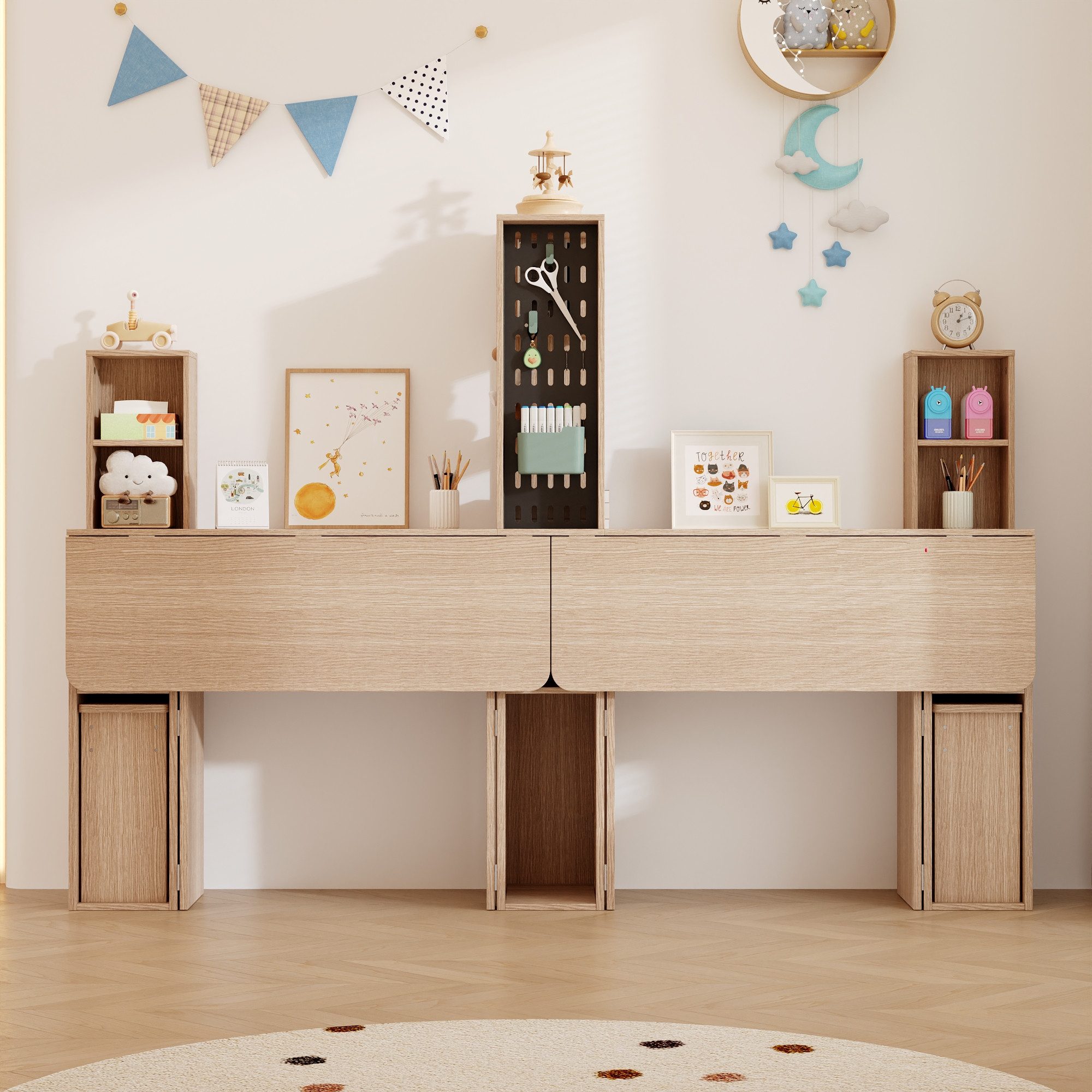 HOMSEE Schreibtisch Klapptisch mit Schrank – 2-Personen-Faltschreibtisch, 2-in-1 Klappschreibtisch 180 cm mit Stauraum
