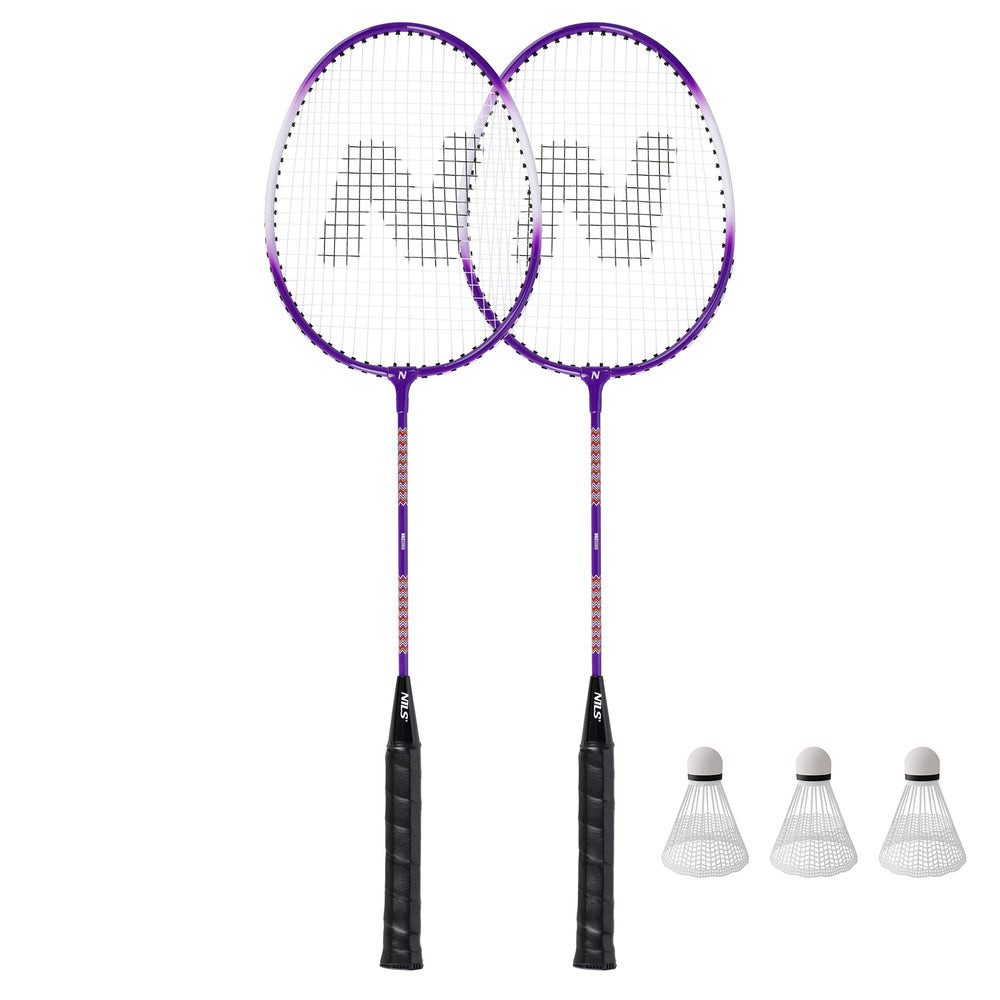 Nils Badmintonschläger Federballset Badmintonset Freizeitset, (Spar-Set, 2-tlg., 66 cm leicht), 2 Schläger, 3 Federbälle, Aluminium, Tasche