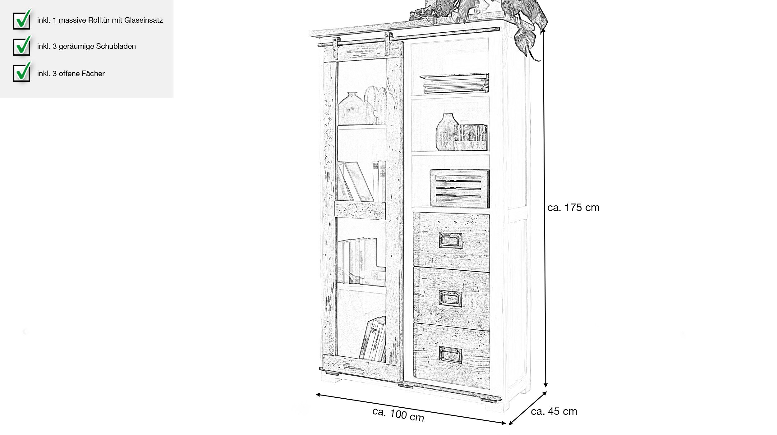 Massivart® Vitrine EMANUEL / Vitrinenschrank / Massivholz Mango / weiß Türapplikationen aus Gusseisen, Beschläge und Schienen aus Eisen