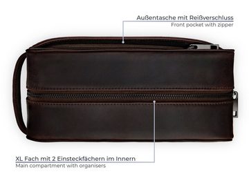 PURE Leather Studio Kulturbeutel ATLAS (L) Schokolade, Handgefertigte Kulturtasche aus Rindsleder Echtleder Waschtasche zum Reisen