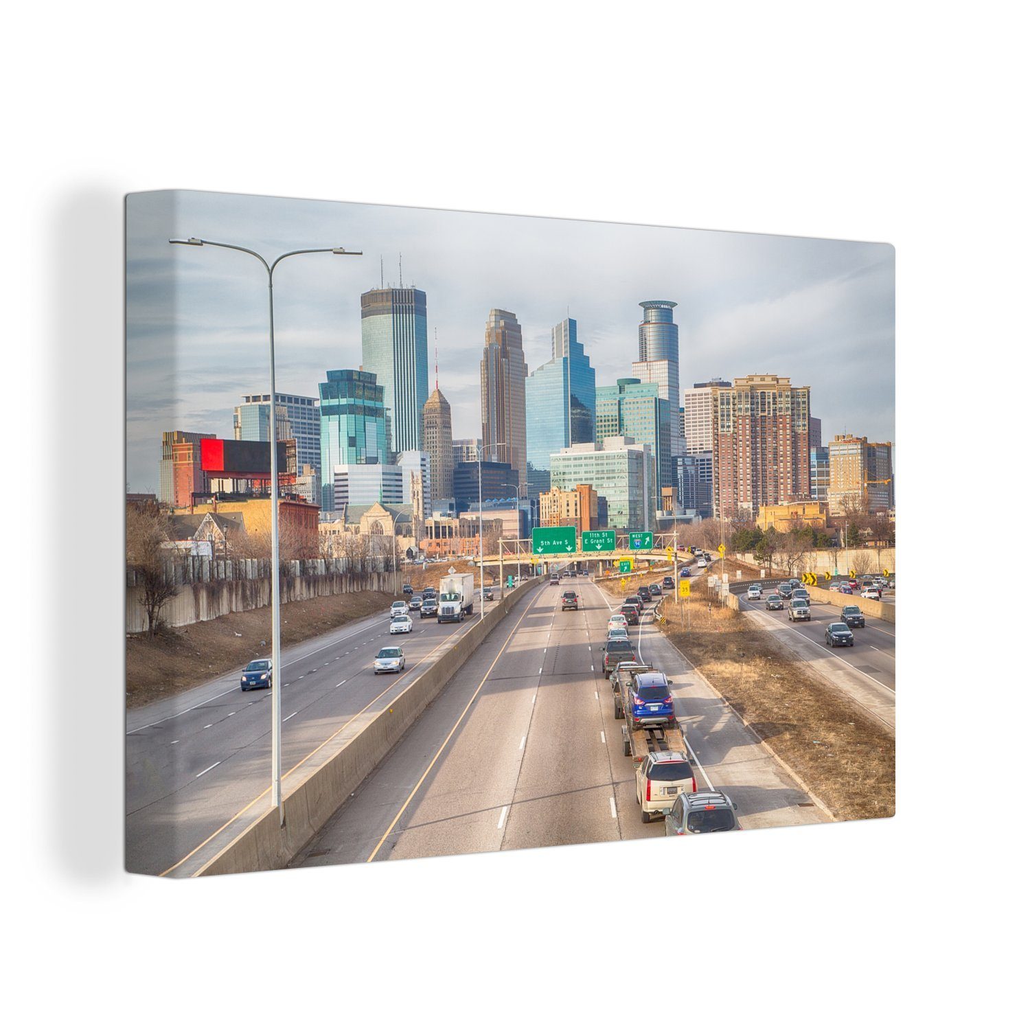 OneMillionCanvasses® Leinwandbild Horizont der Innenstadt von Minneapolis in Nordamerika, (1 St), Wandbild Leinwandbilder, Aufhängefertig, Wanddeko, 30x20 cm