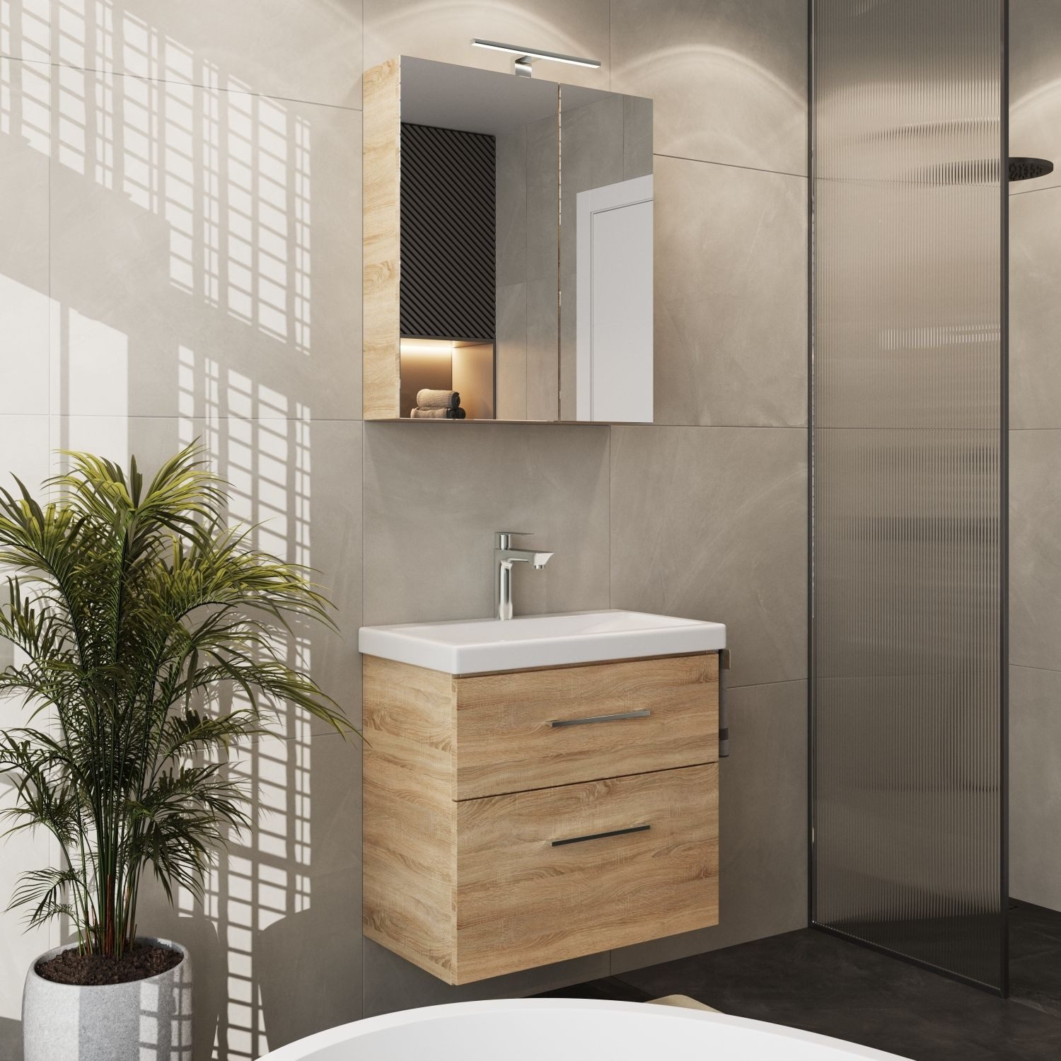 Planetmöbel Badmöbel-Set Badmöbel-Set mit Spiegelschrank 63cm (Sonoma Eiche günstig online kaufen