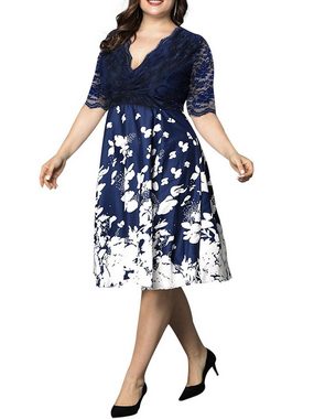 PYL Cocktailkleid Damen Große Größben Elegantes Abendkleid 1/2 Ärmel Spitze Knierock 42-54 Größe