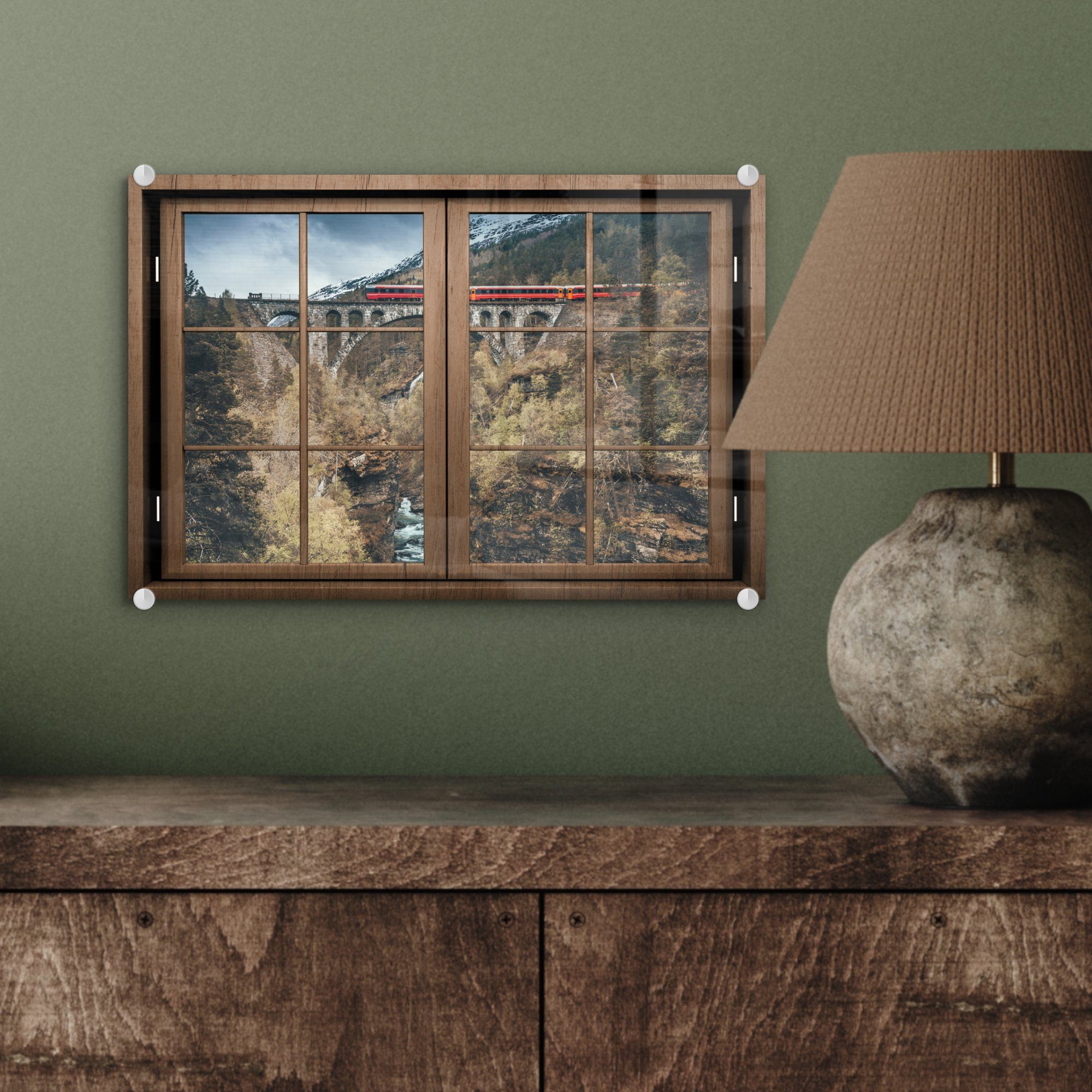 Foto - Glas - - Berg, Glas Wandbild auf Glasbilder - (1 St), - Acrylglasbild Zug Aussicht Wanddekoration auf MuchoWow Bilder