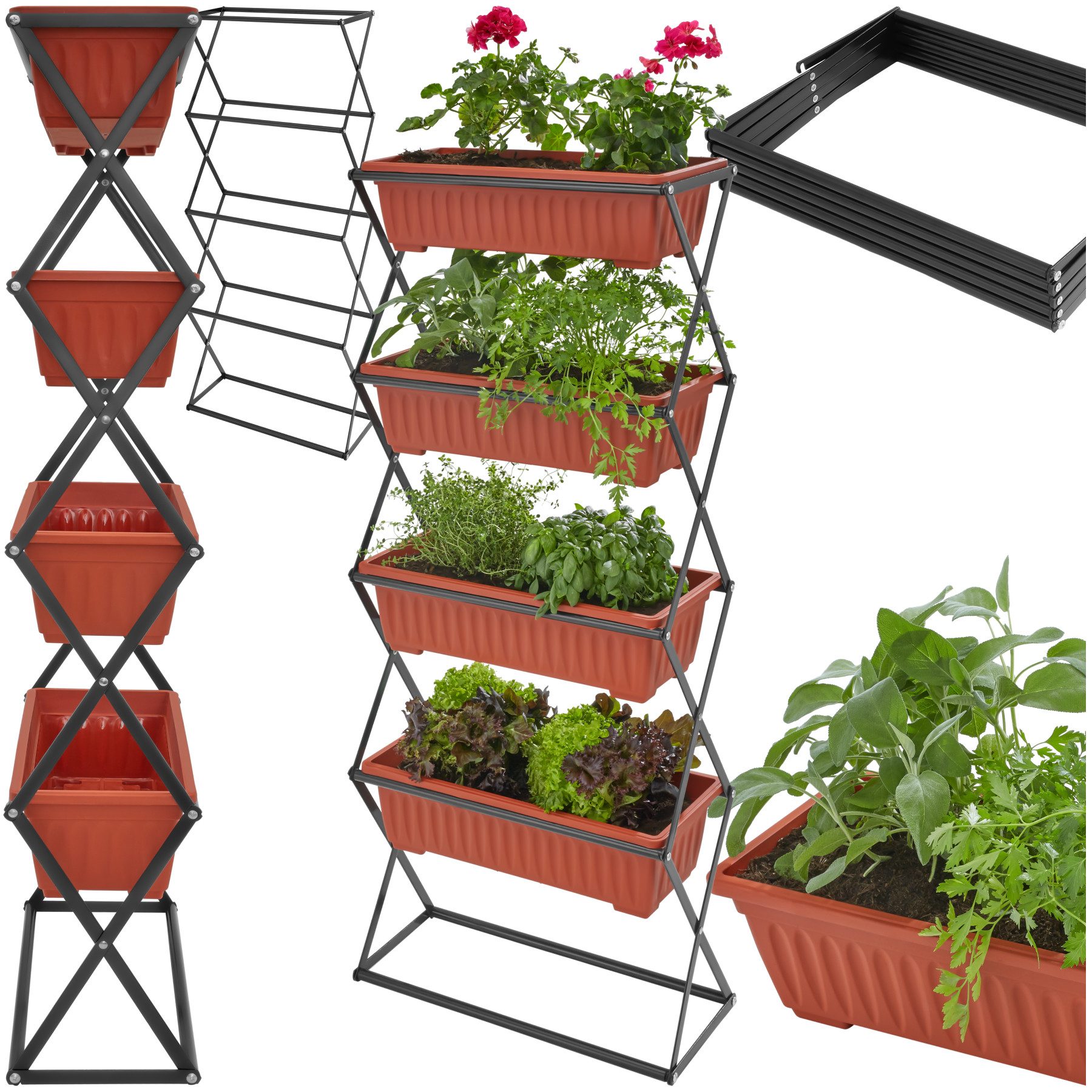 tectake Hochbeet Pflanzbeet, 52 x 21 x 127 cm, geeignet für Innen- und Außenbereich (Gemüsebeet, in braun), Mit 4 Pflanzkästen, platzsparende, vertikale Anordnung, klappbar