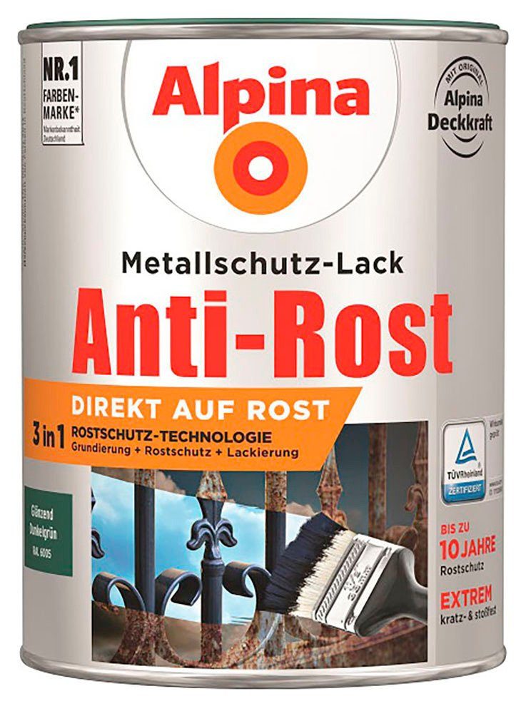 Alpina Metallschutzlack Anti-Rost, glänzend, 2,5 Liter für ca. 14 m² bei 2 Anstrichen dunkelgrün