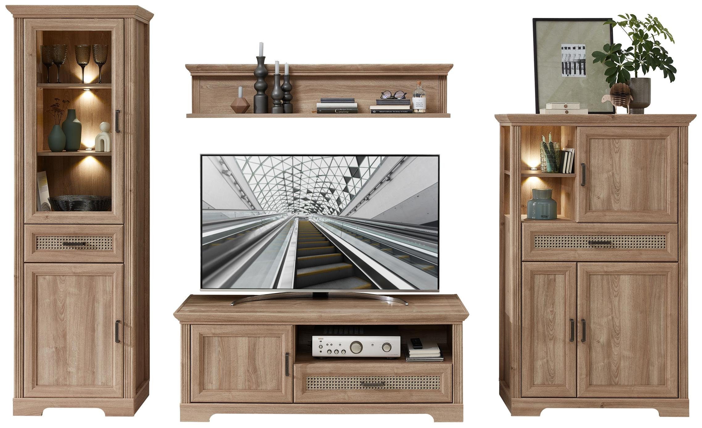 Innostyle Wohnwand Wohnwand VIENNA RR80 Eiche Nachbildung 4-teilig im Landhausstil, (Komplett-Set, 4-St., Vitrine, TV-Lowboard, Wandboard, Stauraumelement)