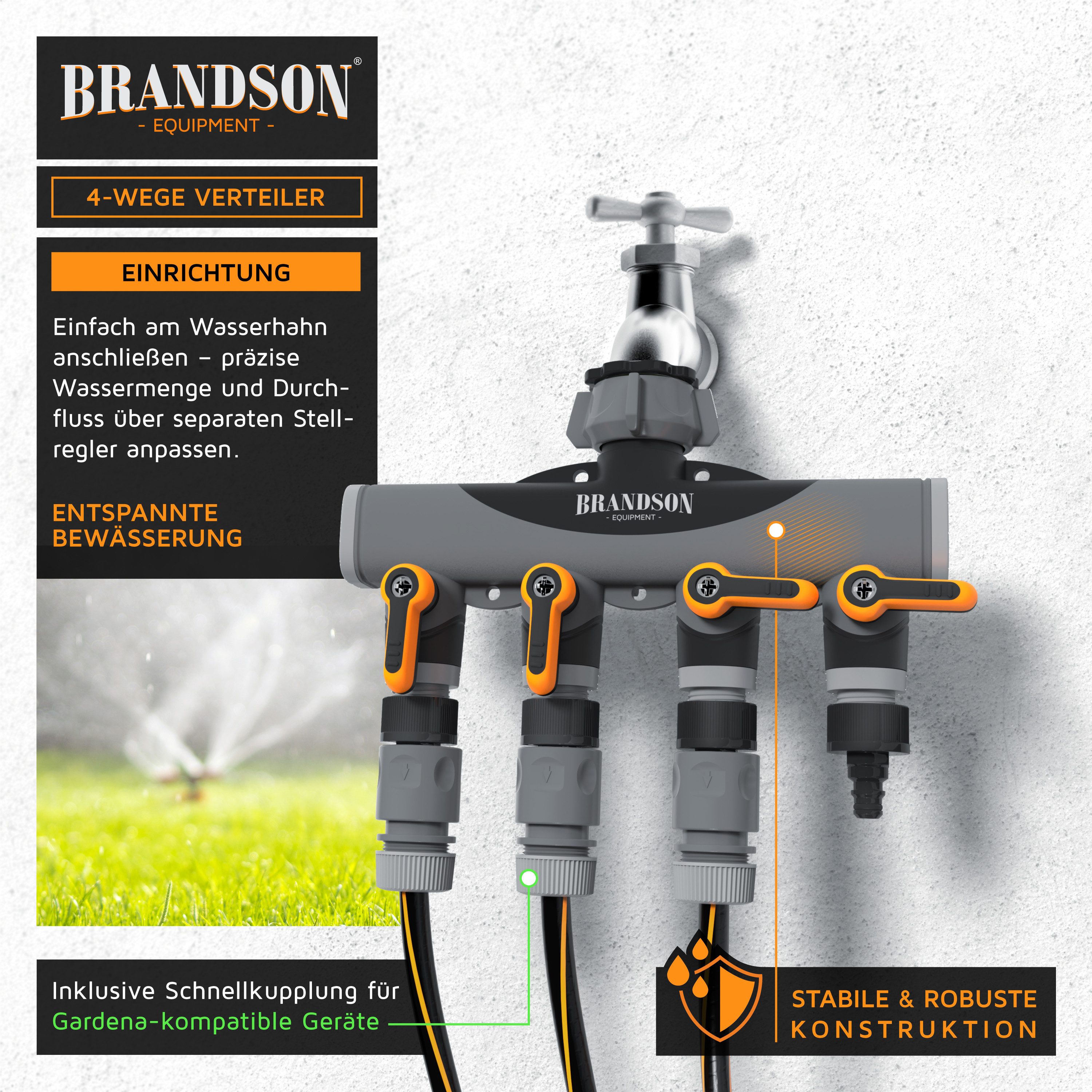 Brandson 4-Wege Verteiler 4-fach Wasserverteiler, Schlauchverteiler für Gartenschlauch, 3/4 Zoll, (1-tlg), Regulierbarer Wasserhahn Schlauch Verteiler für Gartenbewässerung