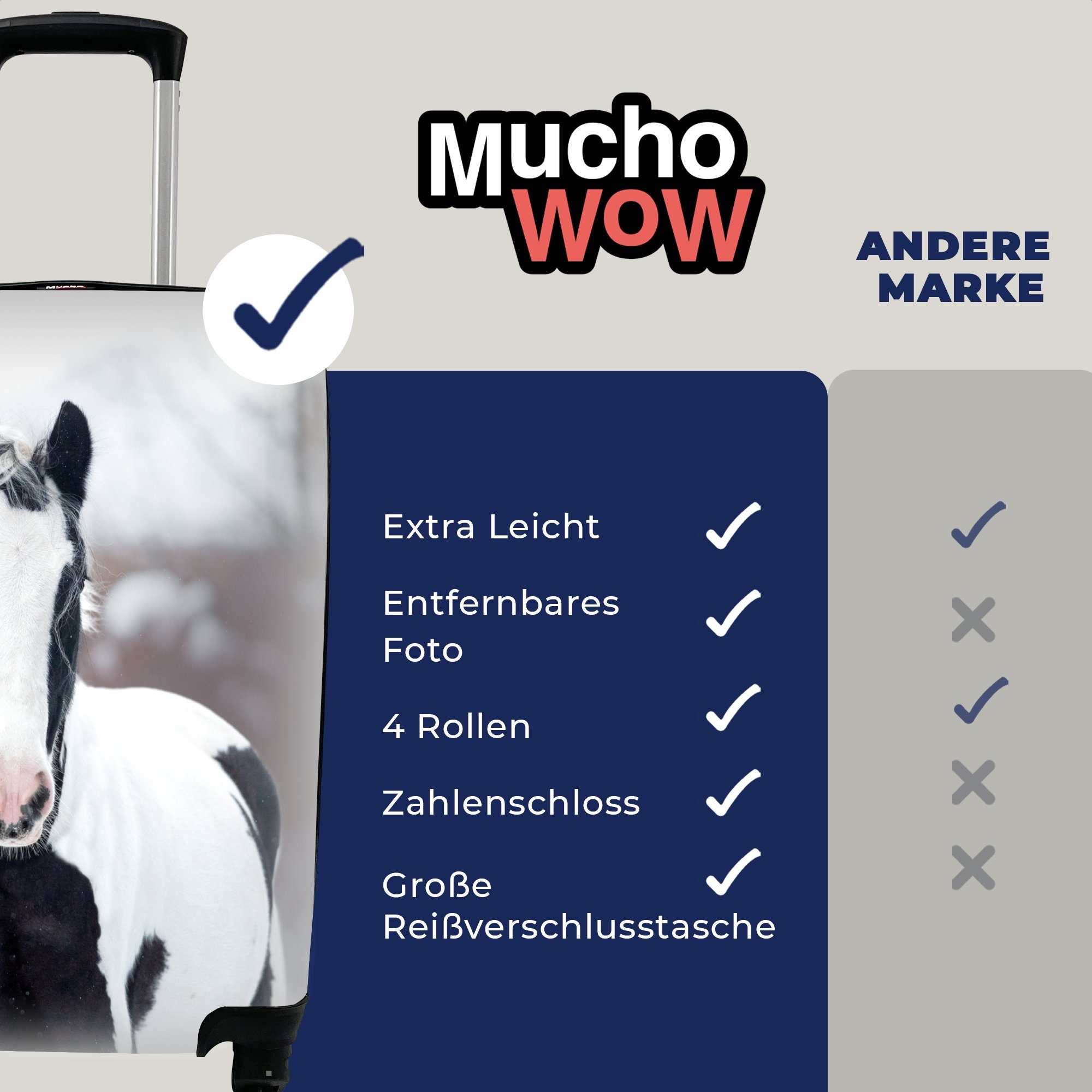 mit Porträt, - Pferd Ferien, Handgepäck Reisekoffer Trolley, rollen, Rollen, MuchoWow Reisetasche Schnee - Handgepäckkoffer Winter 4 - für