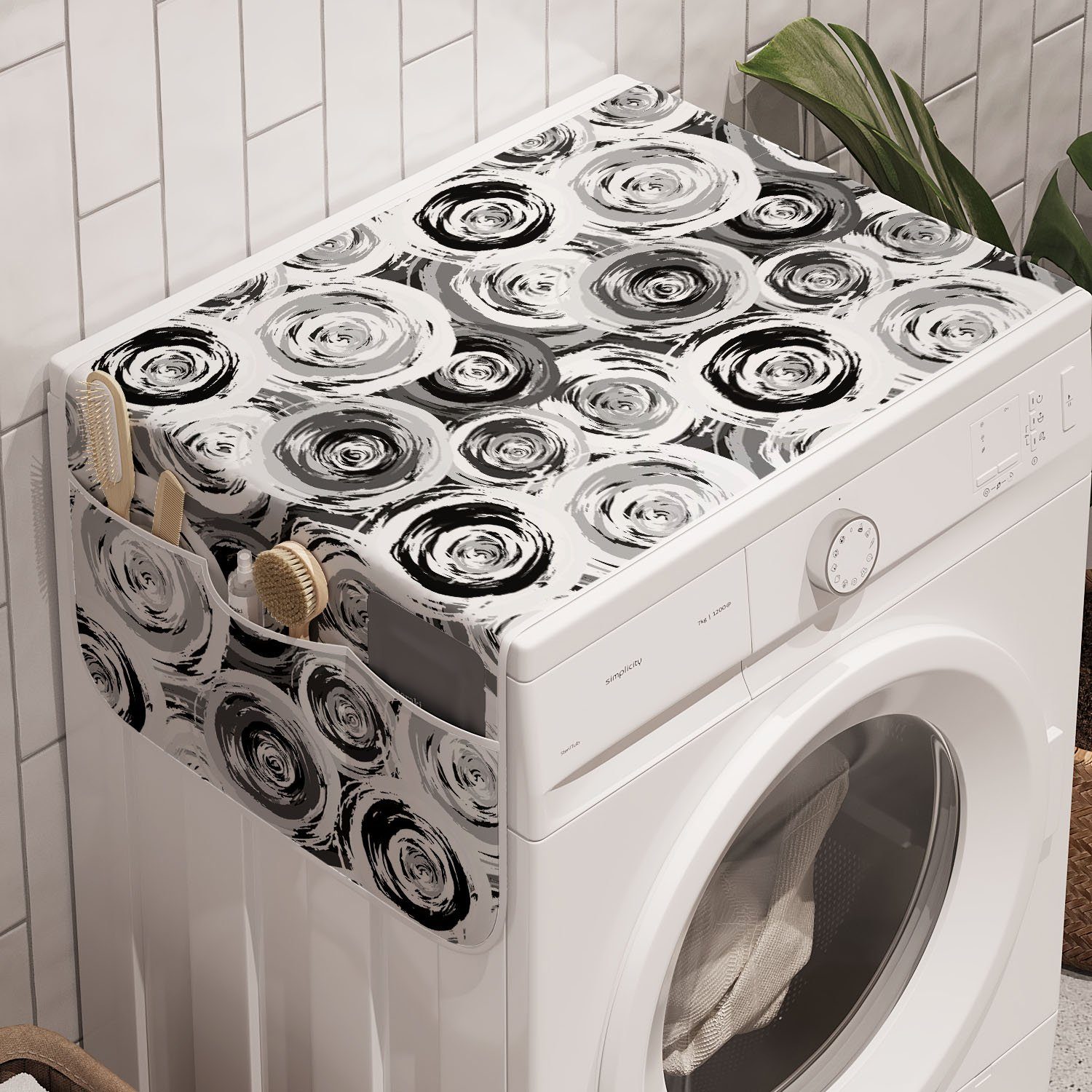 Moderne Anti-Rutsch-Stoffabdeckung und minimalistische Abstrakt Waschmaschine Trockner, Kreise Badorganizer Abakuhaus für