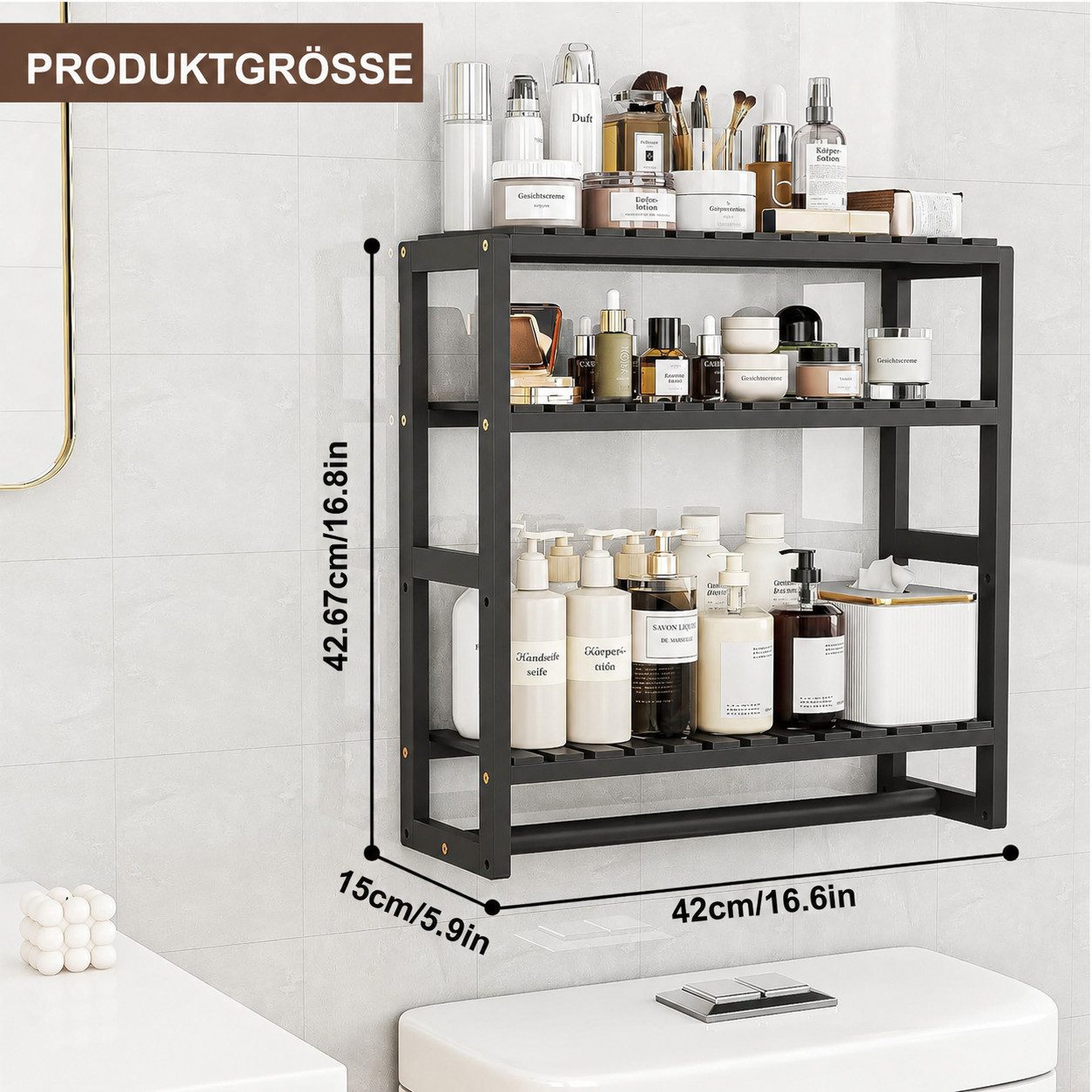 BlingBin Badregal Bambus Badezimmerregal mit 3 Ablagen und Handtuchstange, Wandmontage, Wandregal, 3 Ebenen Regal, Badezimmer Organizer, Bad Organizer 1-tlg., 4 – Bild 3 von 5