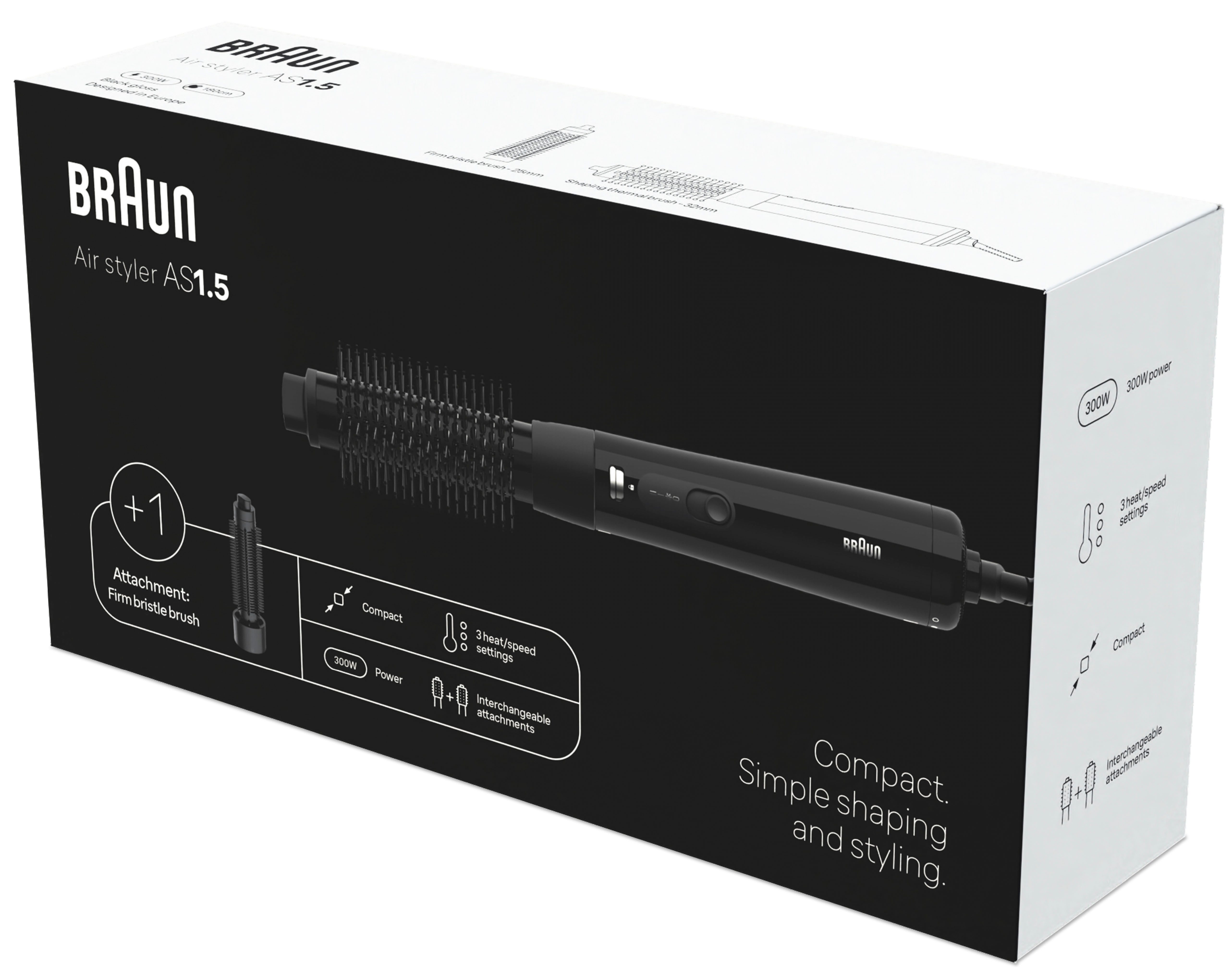 Braun Warmluftbürste AS1.5, für kurzes Haar und Volumen, BRAS150E, 300W, 3 Stylingstufen, Rundbürstenföhn mit 2 Aufsätzen, sehr kompakt