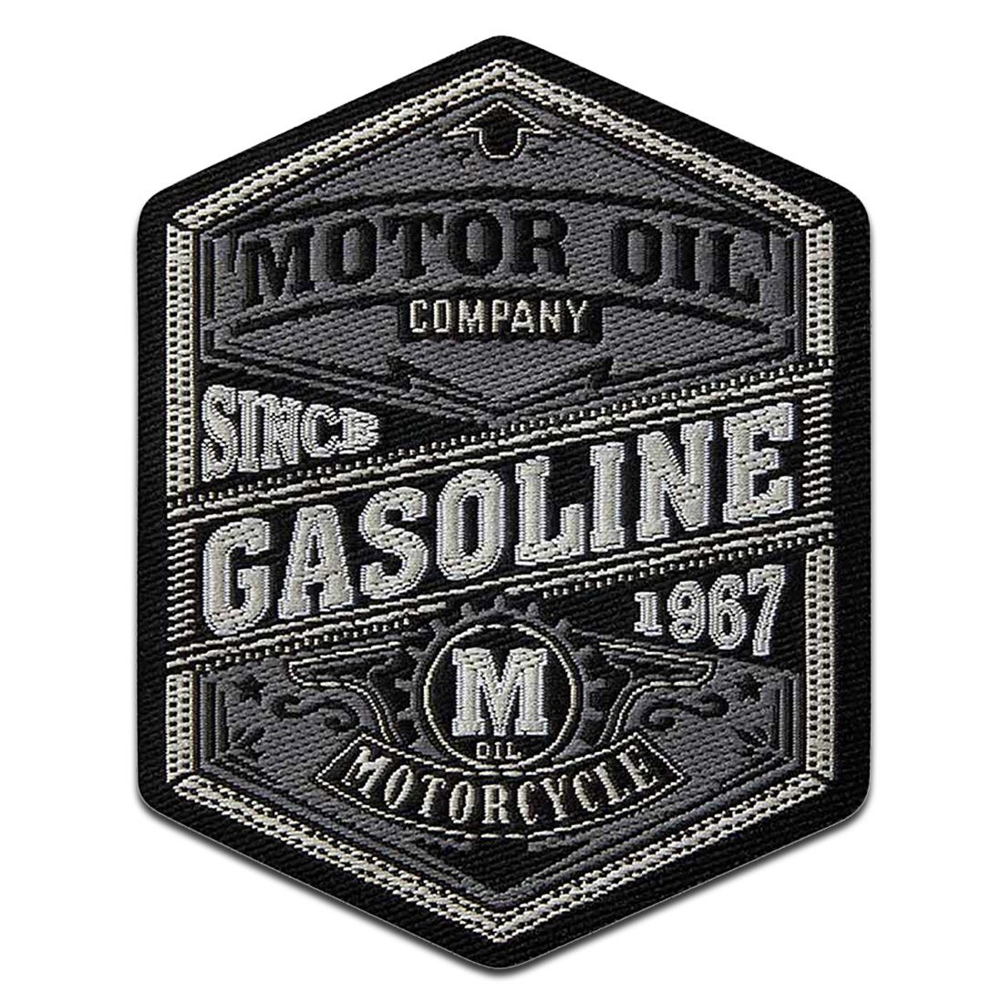 Mono-Quick Aufnäher Bügelbild, Aufbügler, Applikationen, Patches, Flicken, zum aufbügeln, Polyester, Motor Oil Gasoline Vintage Motorrad Auto - Größe: 8,6 x 7,5 cm