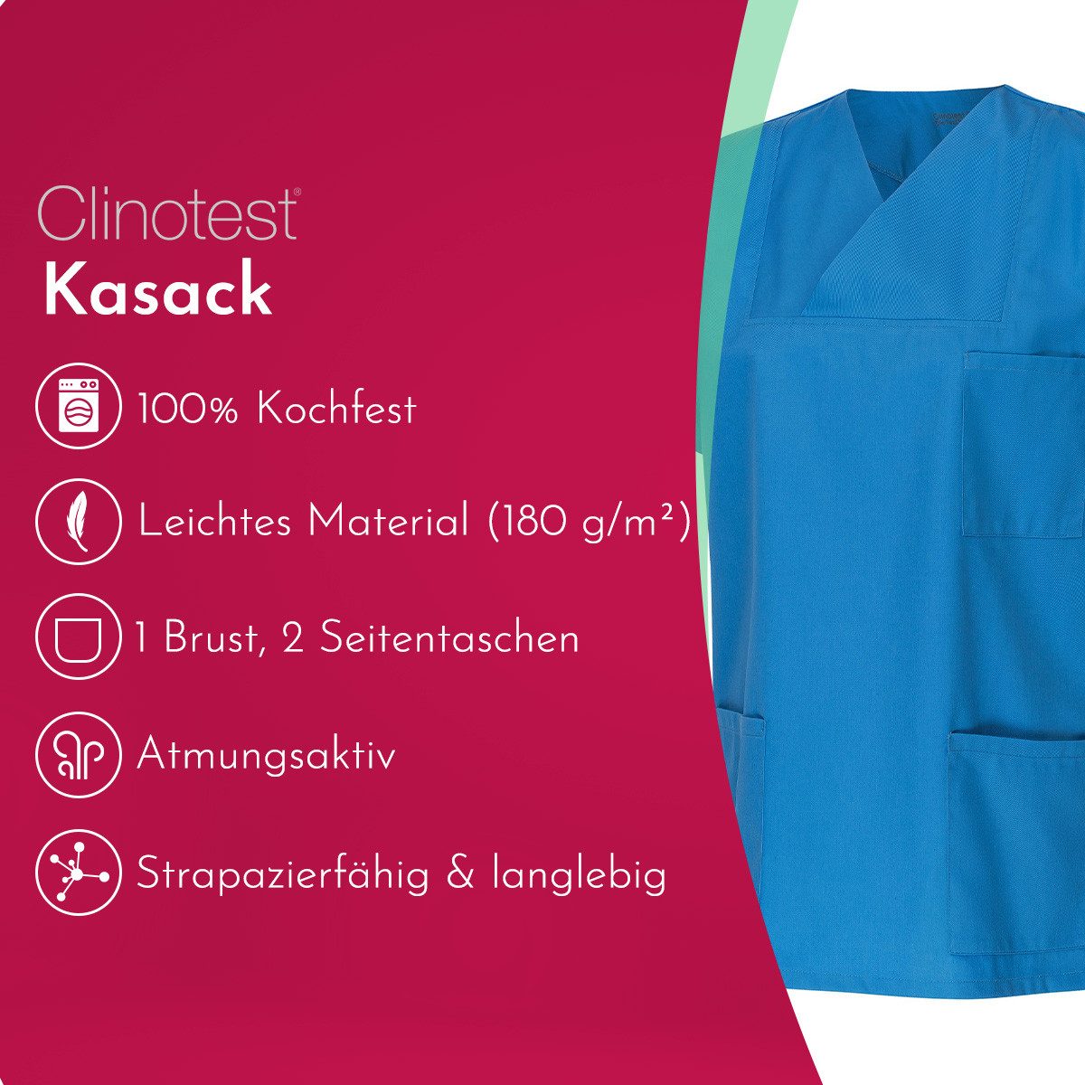 Clinotest Funktionsbluse Kasack Damen & Herren - 95 Grad waschbare, kochfest ohne einzulaufen (1-tlg) Schlupfkasack aus Baumwolle & Polyester - Berufsbekleidung für Pflege