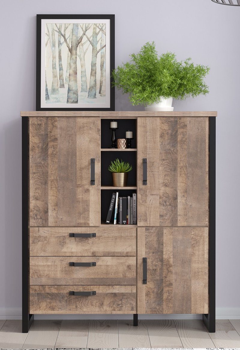 trendteam Highboard Highboard Emile, Eiche Tabak / Schwarz (no-Set)