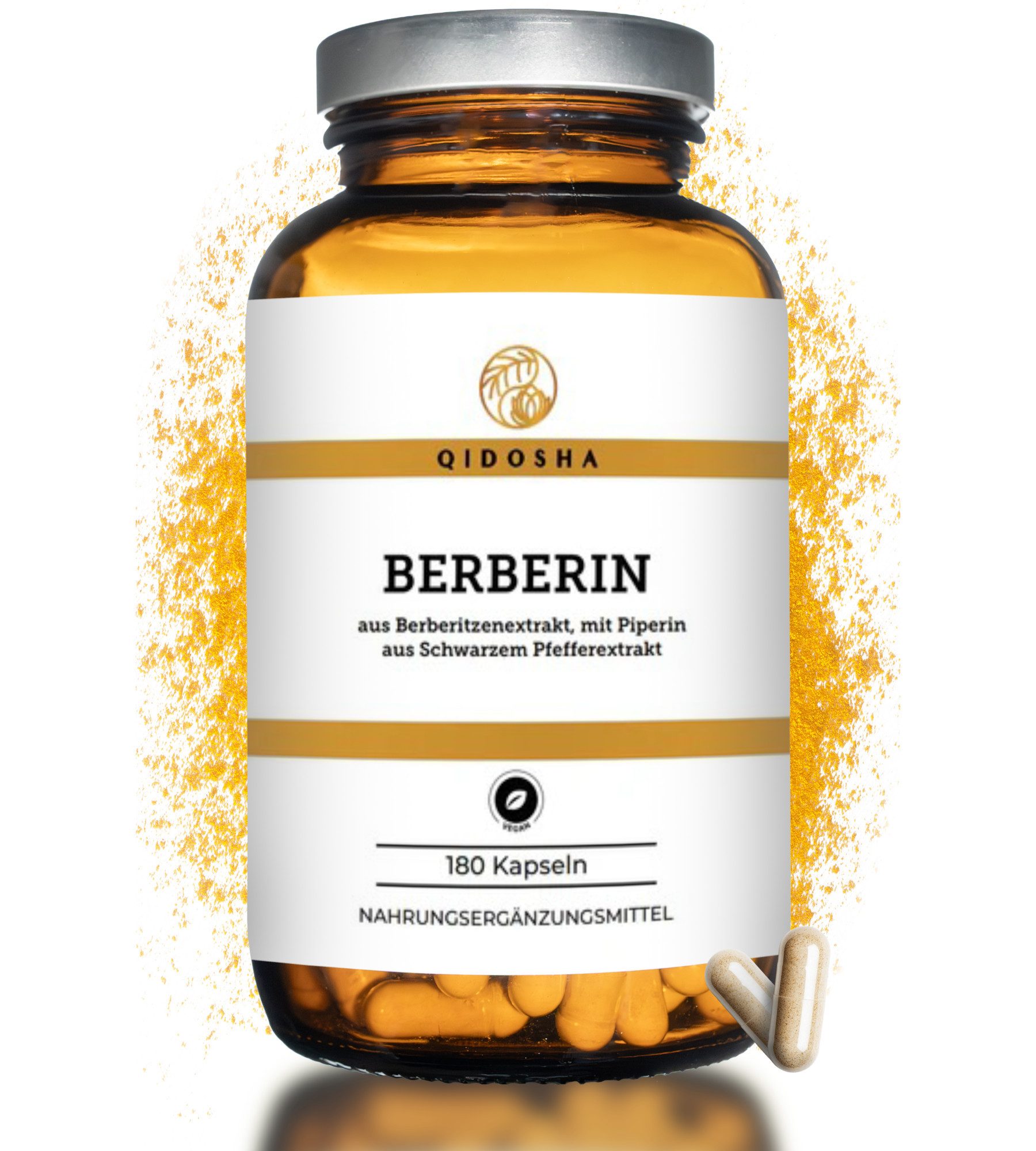 QIDOSHA Hochreines Berberin 97% mit Piperin -Vegane Kapseln für Zellgesundheit Hartkapsel, 1 er Einzelglas 180 Kapseln - Halbjahresvorrat Berberin à 180 St., 112 g, Berberitzen-Extrakt Kapseln - Natürlicher Stoffwechsel & Bioenhancer