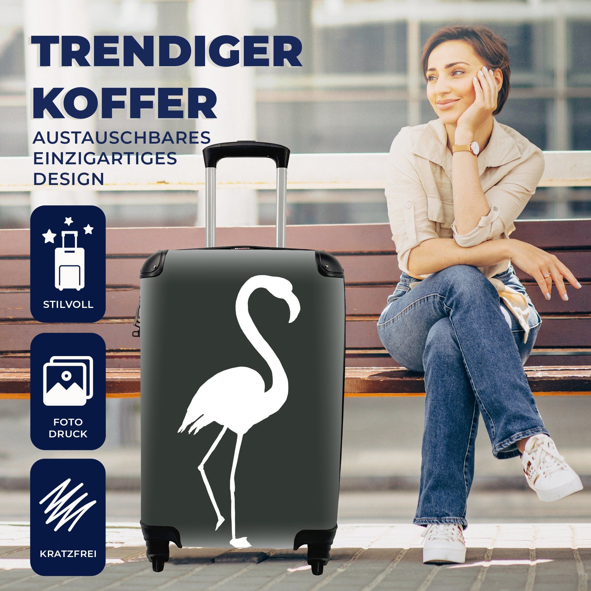 rollen, Scherenschnitt Rollen, Handgepäck Reisekoffer Ferien, - Weiß, Flamingo MuchoWow Reisetasche Handgepäckkoffer mit 4 Trolley, für -