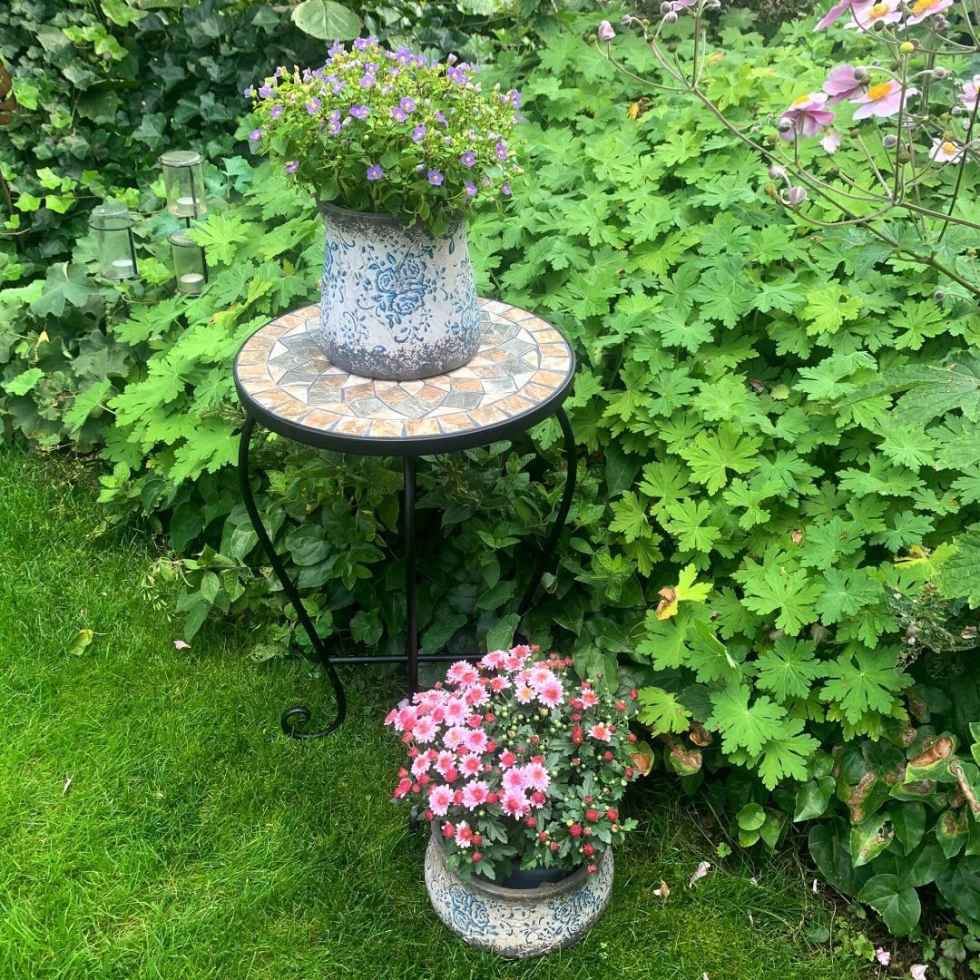 K&L Wall Art Blumenhocker Mosaik Gartentisch Metall Pflanzenhocker Stein Blumentreppe, Naturstein Mosaik Tischplatte
