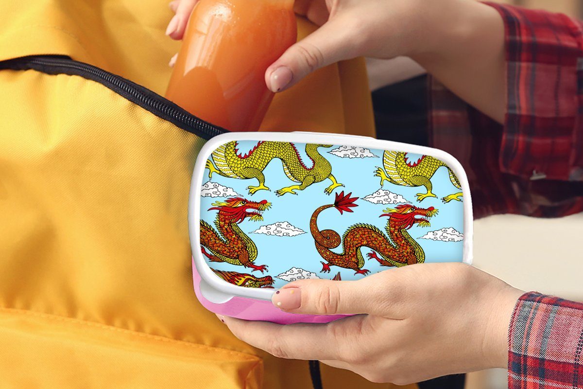 MuchoWow Lunchbox Kunststoff, Drache Brotdose Erwachsene, Chinesisch (2-tlg), Muster, - Snackbox, - für Kunststoff rosa Mädchen, Brotbox Kinder