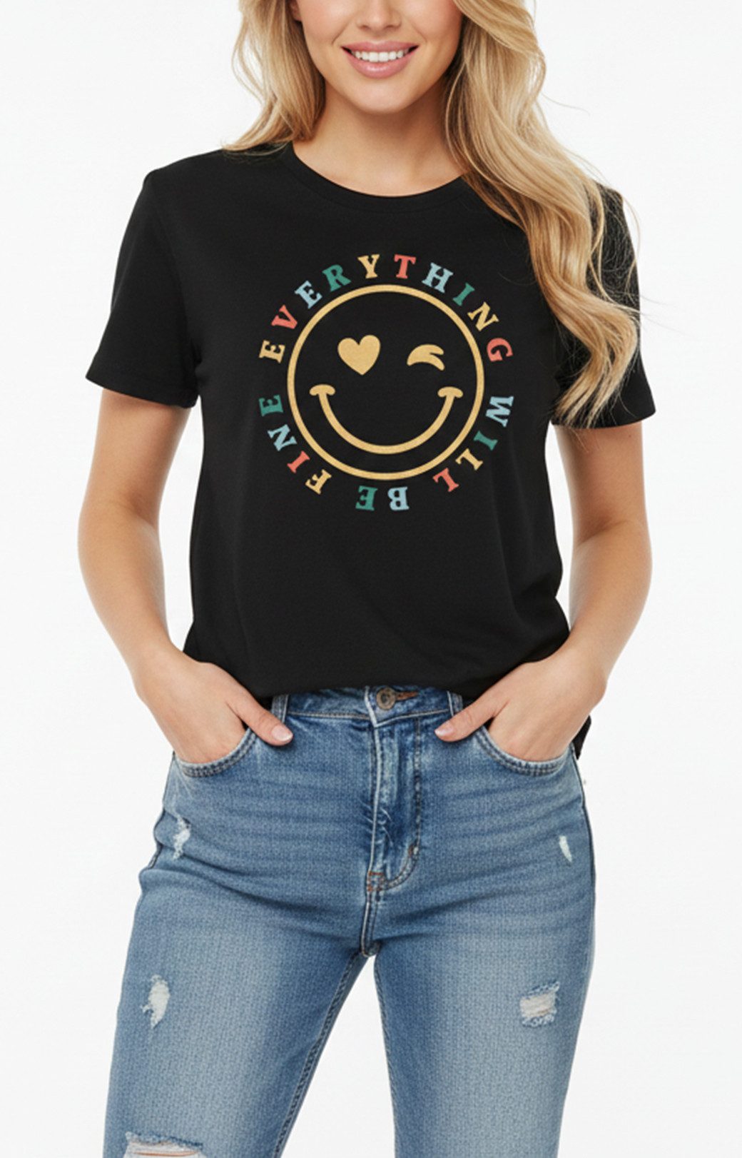 MAKAYA Print-Shirt Woodstock Motiv Smile Happy Spruch Text Herz Logo Sprüch Aufdruck Top Kurzarmshirt