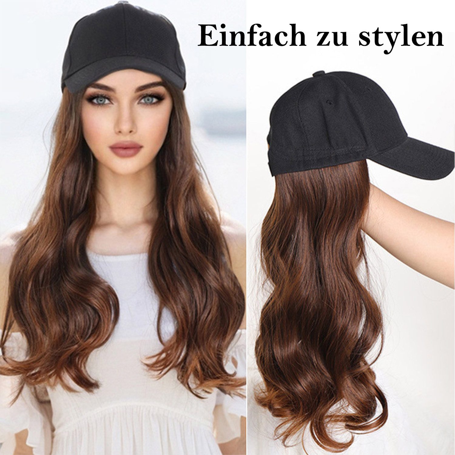 Refttenw Baseball Cap mit Lange Welle Perücke, Synthetische Gewellte Perücke 66 cm Langes Haaren + Verstellbare Schwarze Kappe