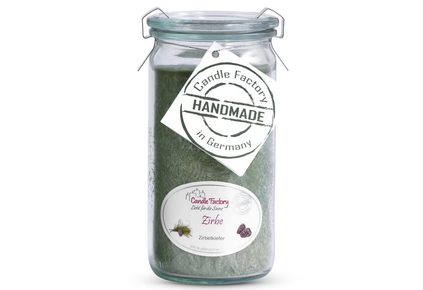 Landshop24 Duftkerze Candle-Factory Duftkerze aus Stearin im Weckglas Mini Jumbo (Duft: Zirbe), brennt bis zu 70h