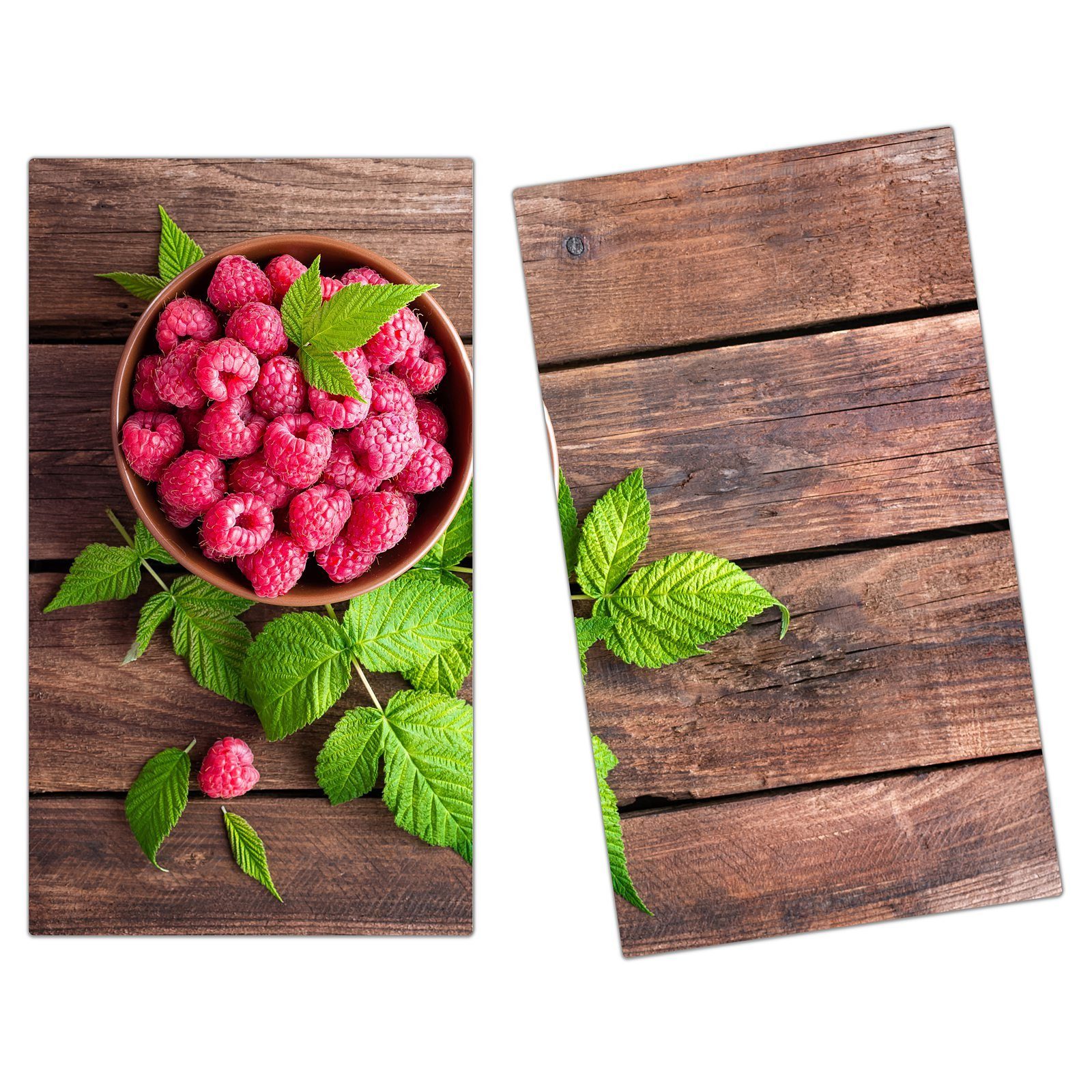 Primedeco Herd-Abdeckplatte Herdabdeckplatte Spritzschutz aus Glas Himbeeren in Holzschale, Glas, (2 tlg)