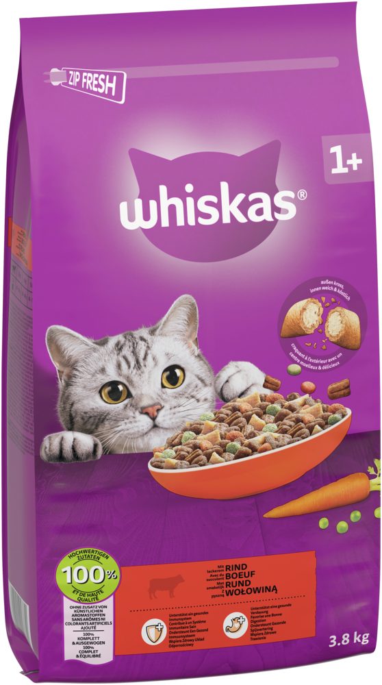 Whiskas WHISKAS® Beutel Trocken Adult 1+ mit Rind 3,8kg, Trockenfutter für: Katze