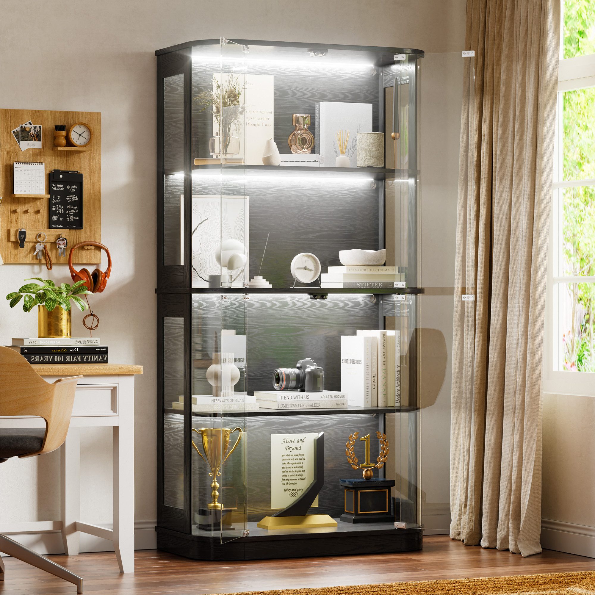 TWSOUL Standvitrine Große runde Vitrine mit dreifarbiger Beleuchtung & Bewegungssensoren 170*80cm, Glastüren, mit zwei Acryl-Seitentüren und vier Regalböden