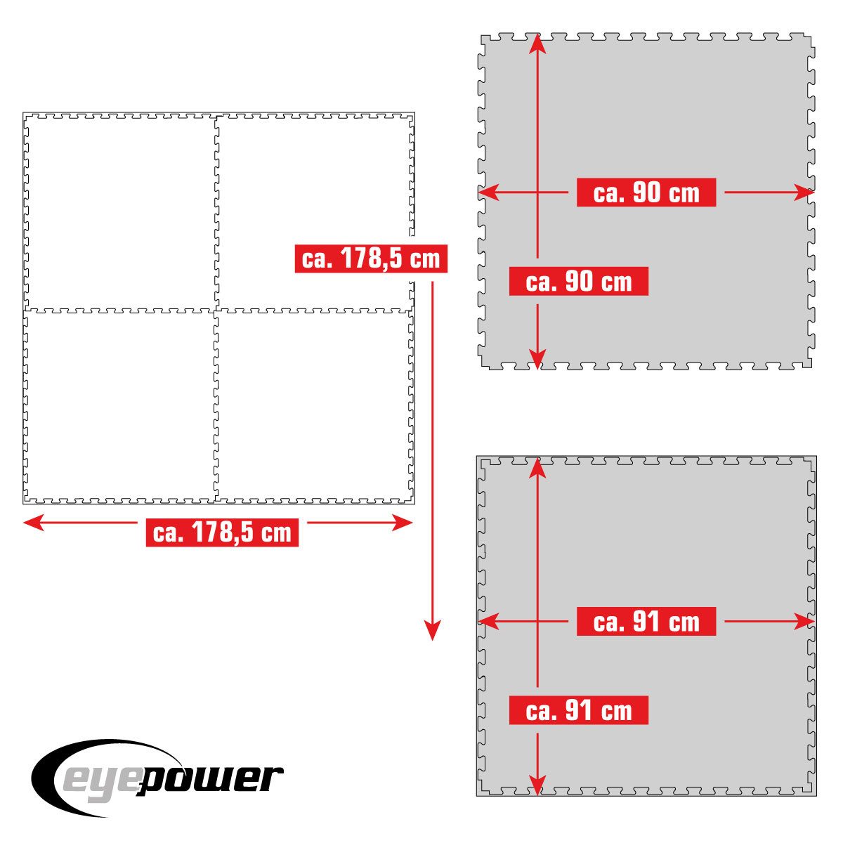 eyepower Fitnessmatte für Zuhause - 3,2 m² Trainingsmatte mit Rand - 4 Große Home Gym Matten (4-St), 90 x 90 x 2 cm Bodenschutzmatte Sport und Gymnastik - EVA Bodenmatte