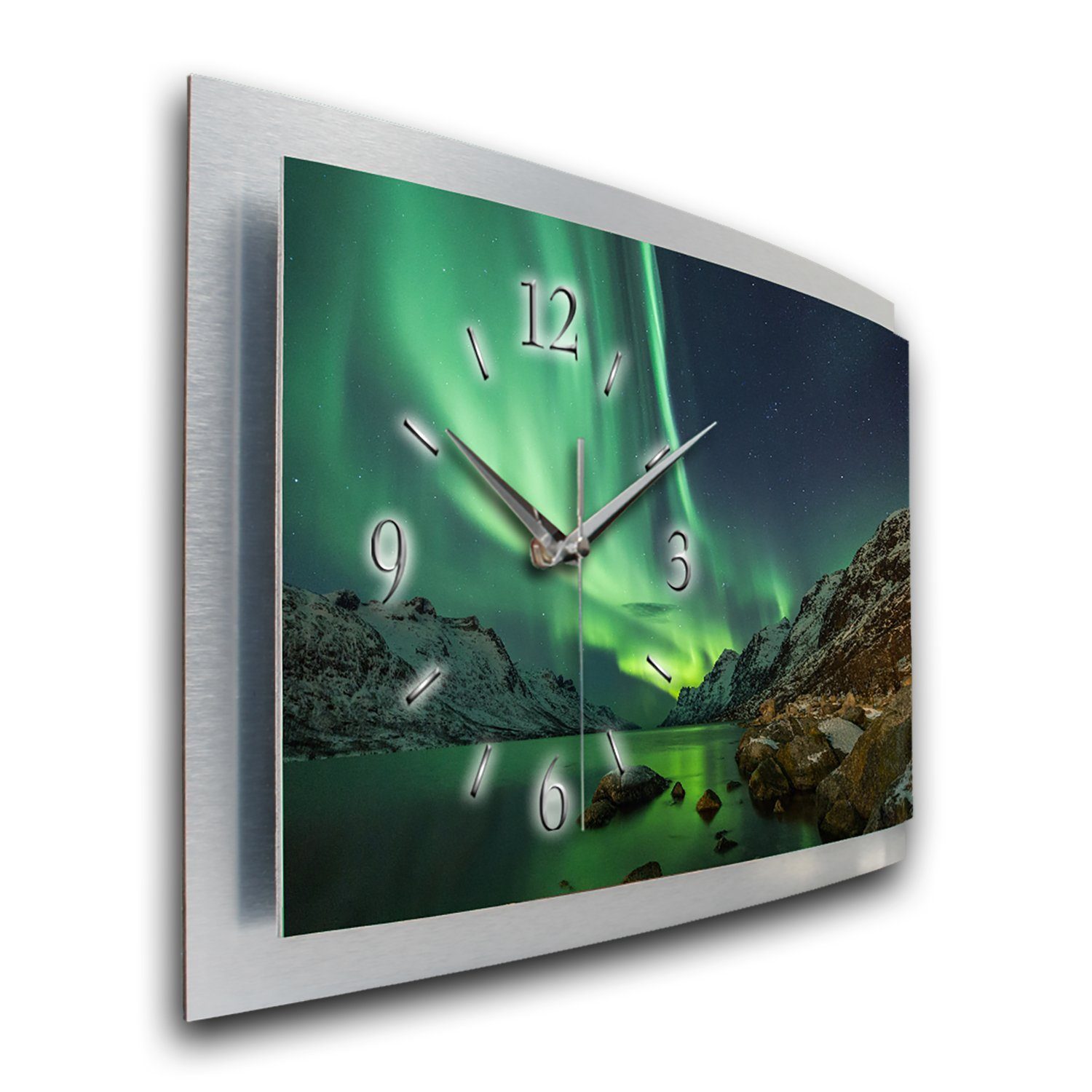 Kreative Feder Funkwanduhr „Polarlicht“ 3D Designer Wanduhr aus Alu, leise (ohne Ticken; Quarz oder Funkuhrwerk; verschiedene Größen)